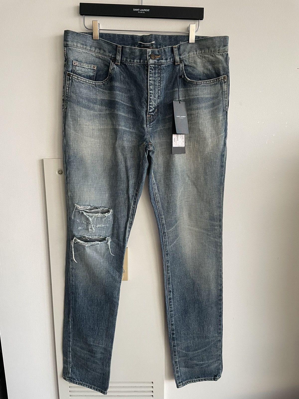 Hedi Slimane × Saint Laurent Paris × Yves Saint Laurent Rare Super Runway Brand New Skinny Trash Ripped Denim Jeans Size US 35 - 19 Thumbnail