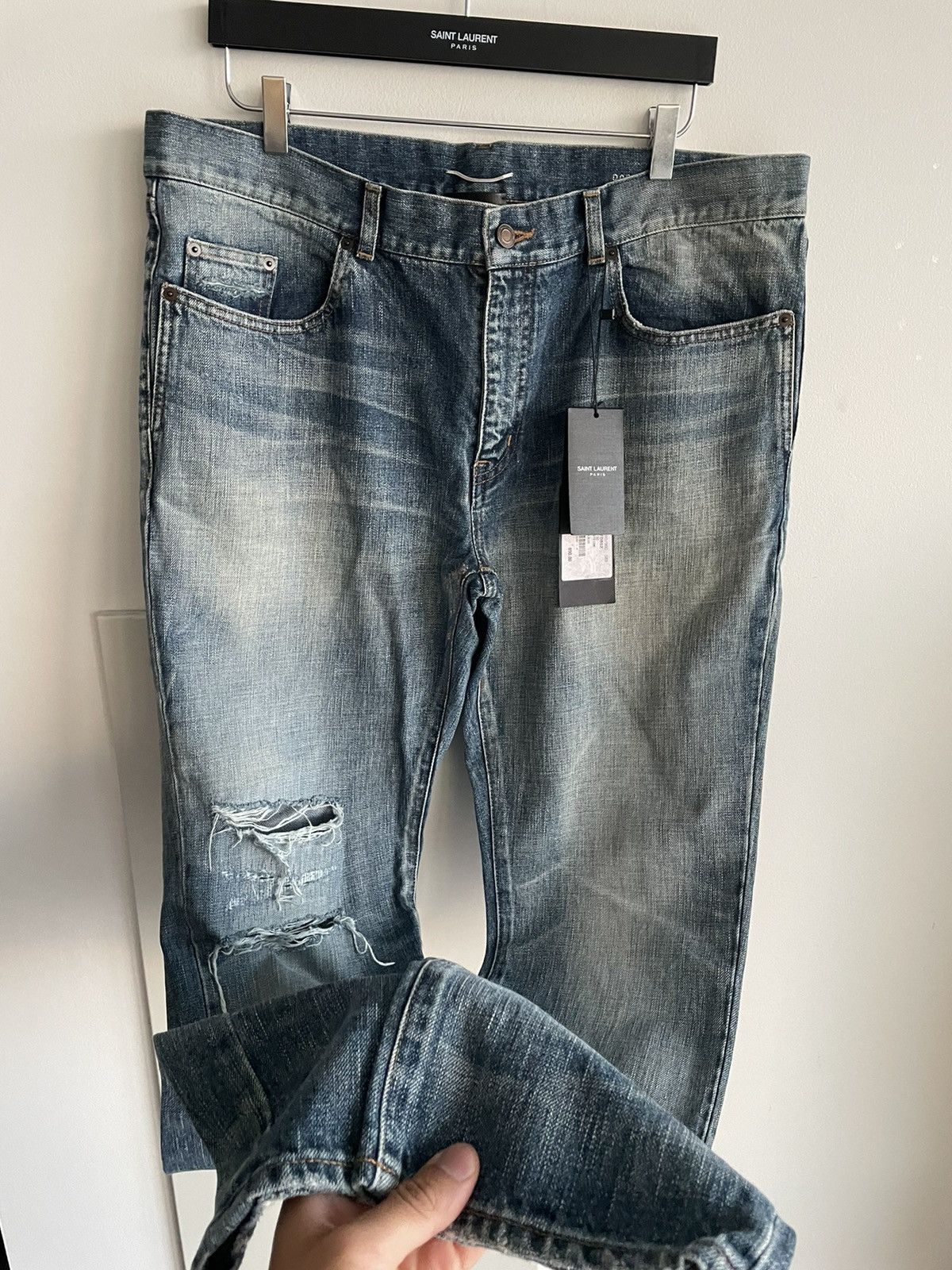 Hedi Slimane × Saint Laurent Paris × Yves Saint Laurent Rare Super Runway Brand New Skinny Trash Ripped Denim Jeans Size US 35 - 20 Thumbnail