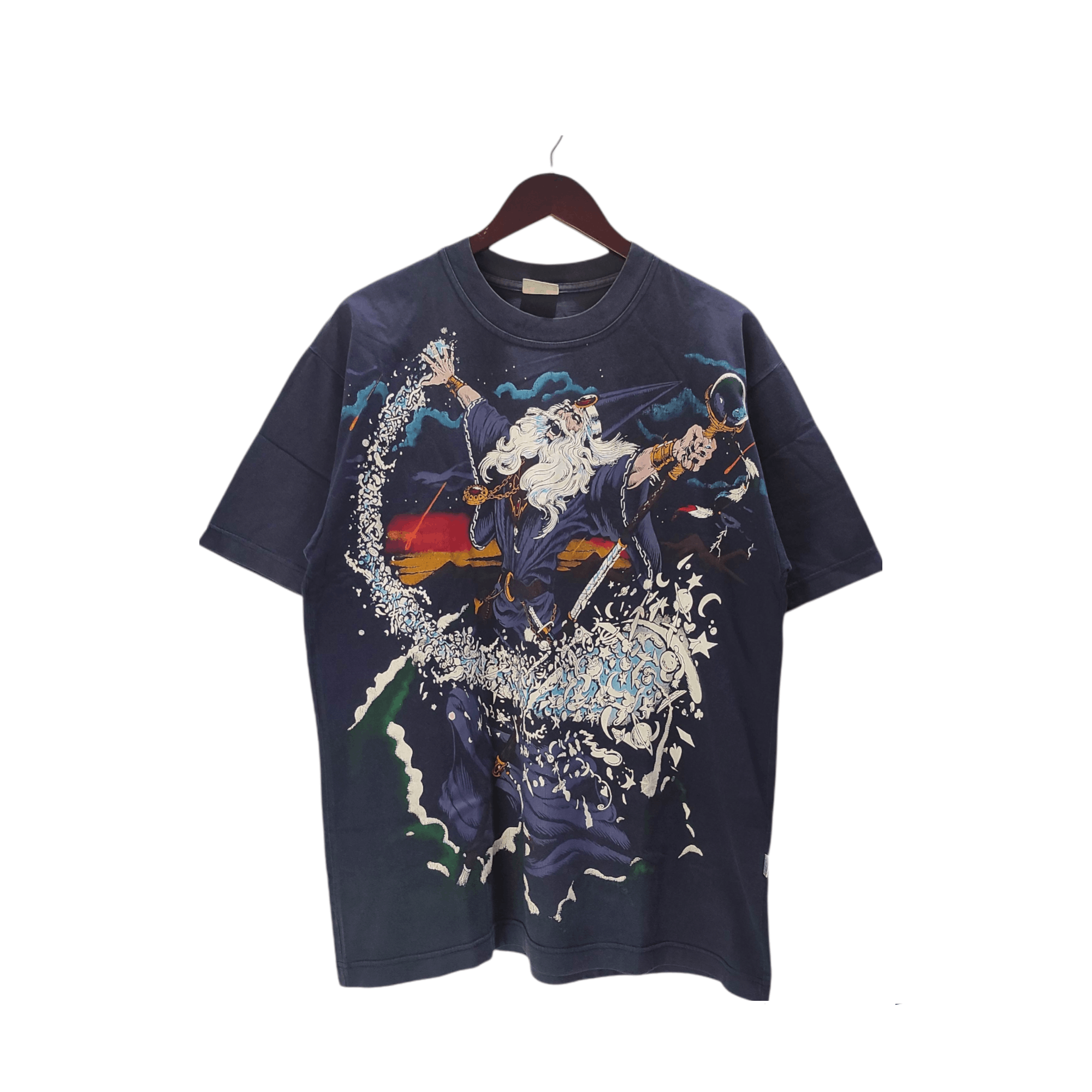Pre-owned Anima X Vintage Moving Blue Wizard Lightning All Over Print Tee In Purple