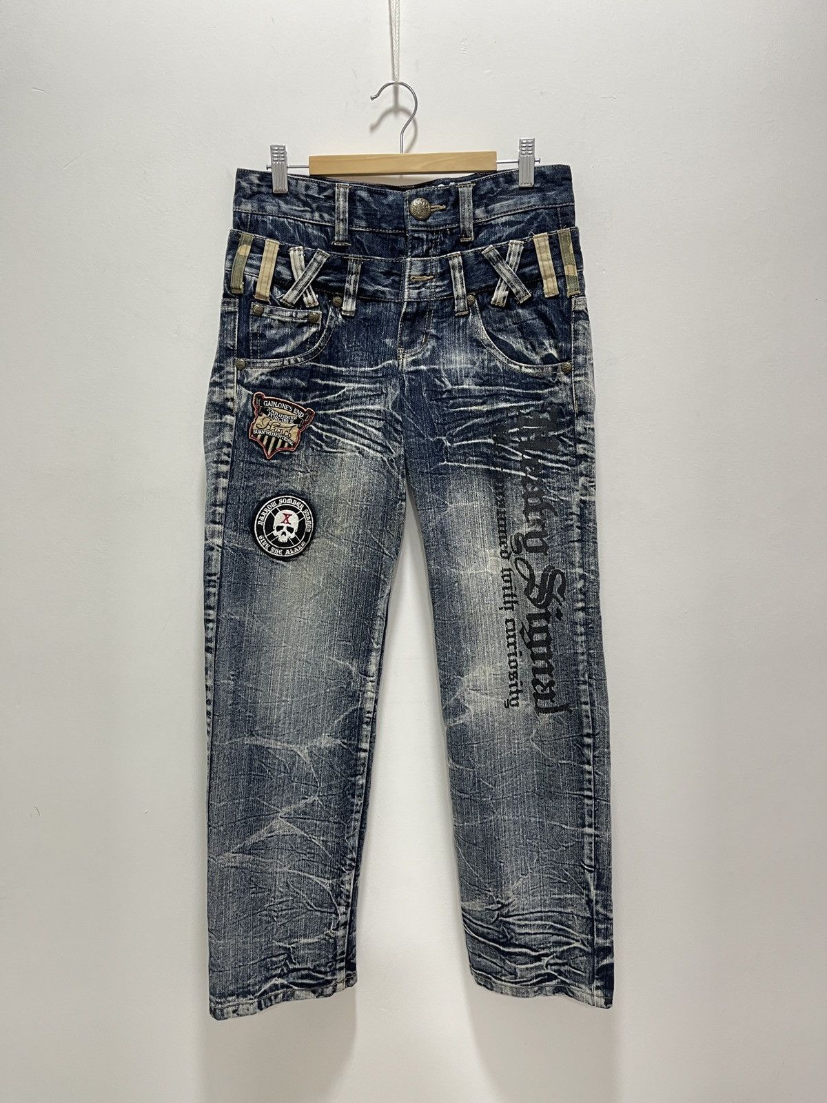 image of Japanese Double Waist Style Patches Distressed Denim Jeans, Men's (Size 30)