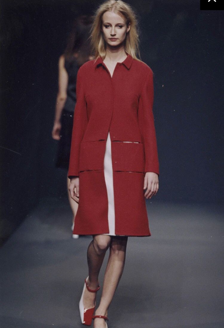 image of VTG Prada Fashion Show Fw 1998 Wool Long Coat Parted Design in Red, Women's (Size Medium)