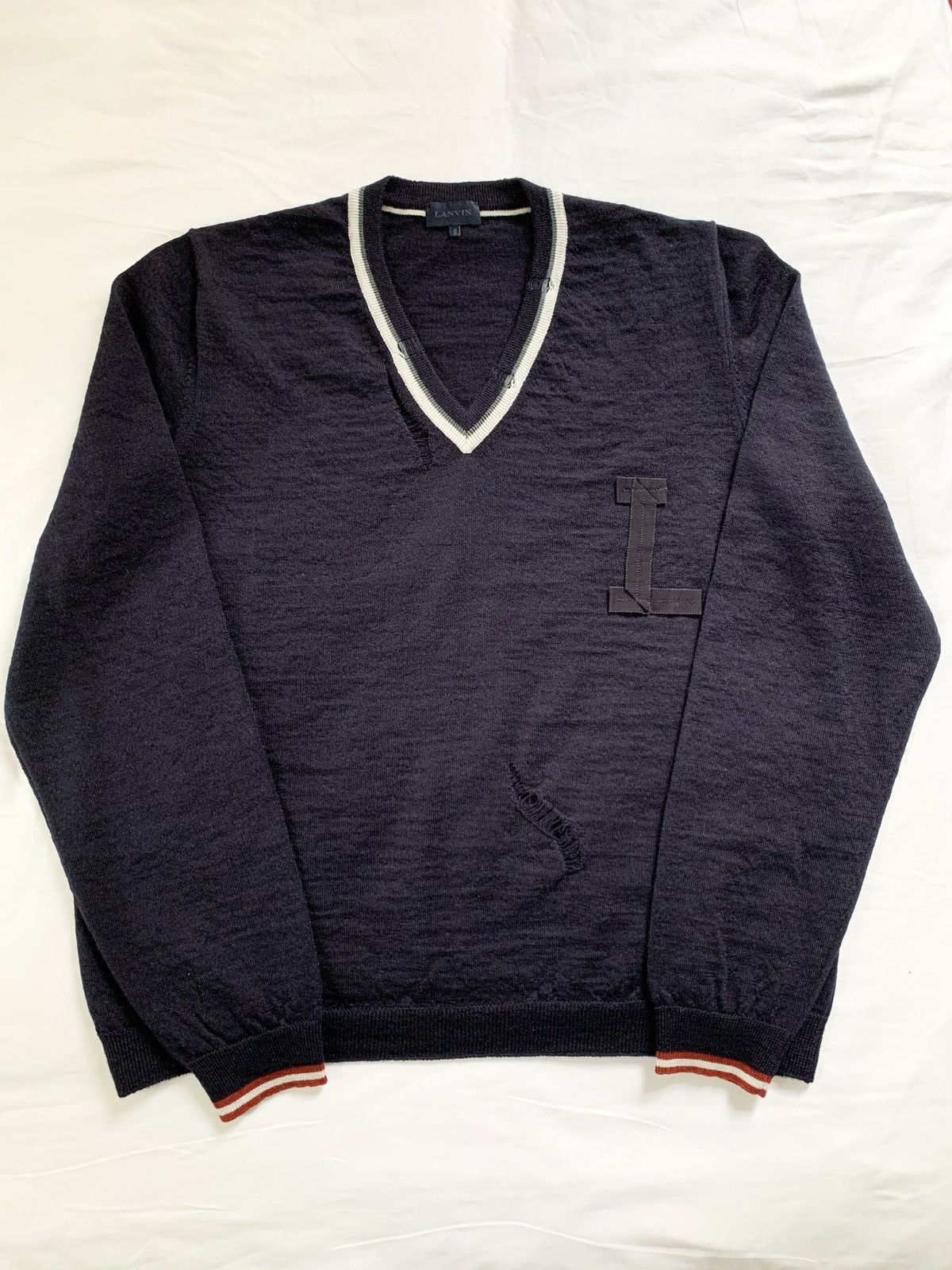 image of Lanvin Distressed Logo Patch Sweater in Navy, Men's (Size XL)