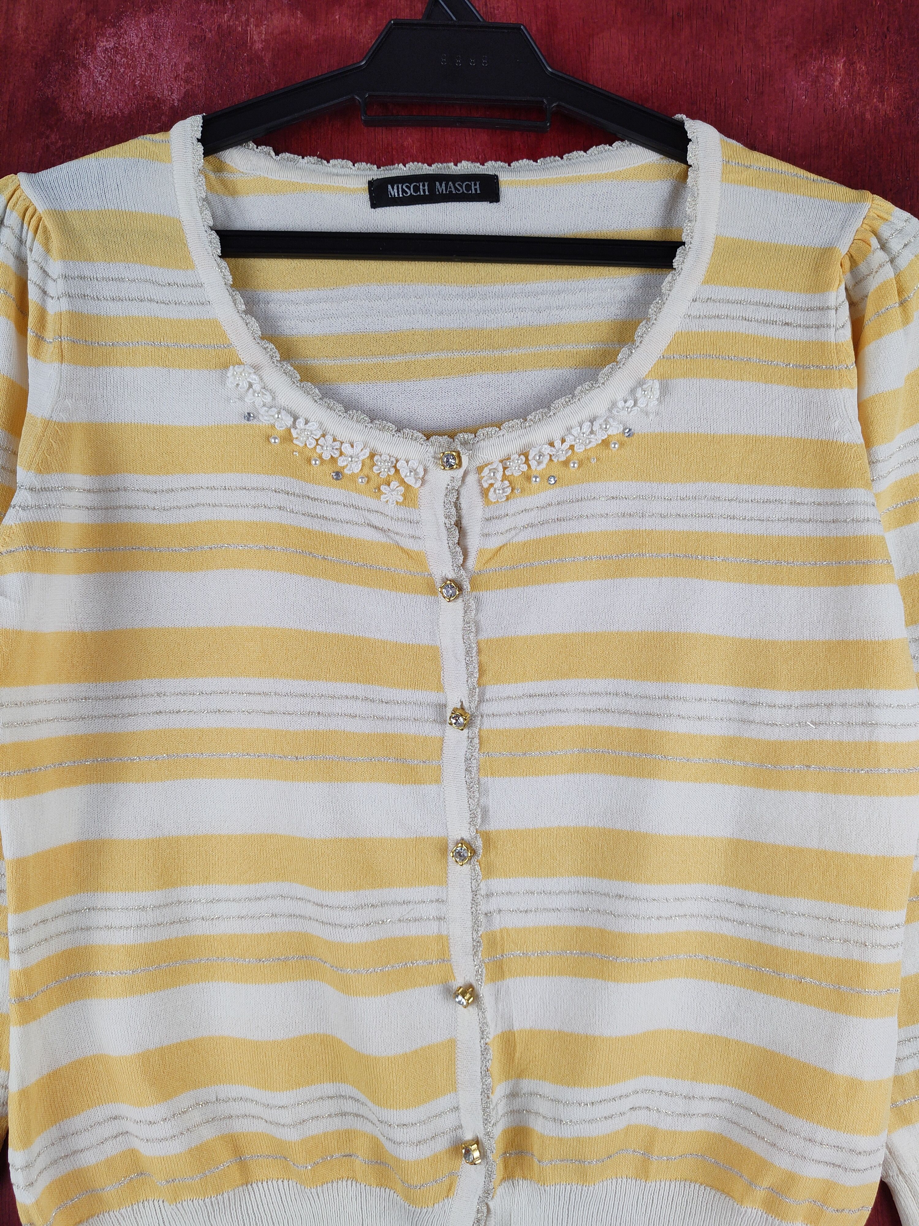 Japanese Brand Misch Masch Yellow/White Stripe Knitwear Cardigan #S1201 Size S / US 4 / IT 40 - 2 Thumbnail