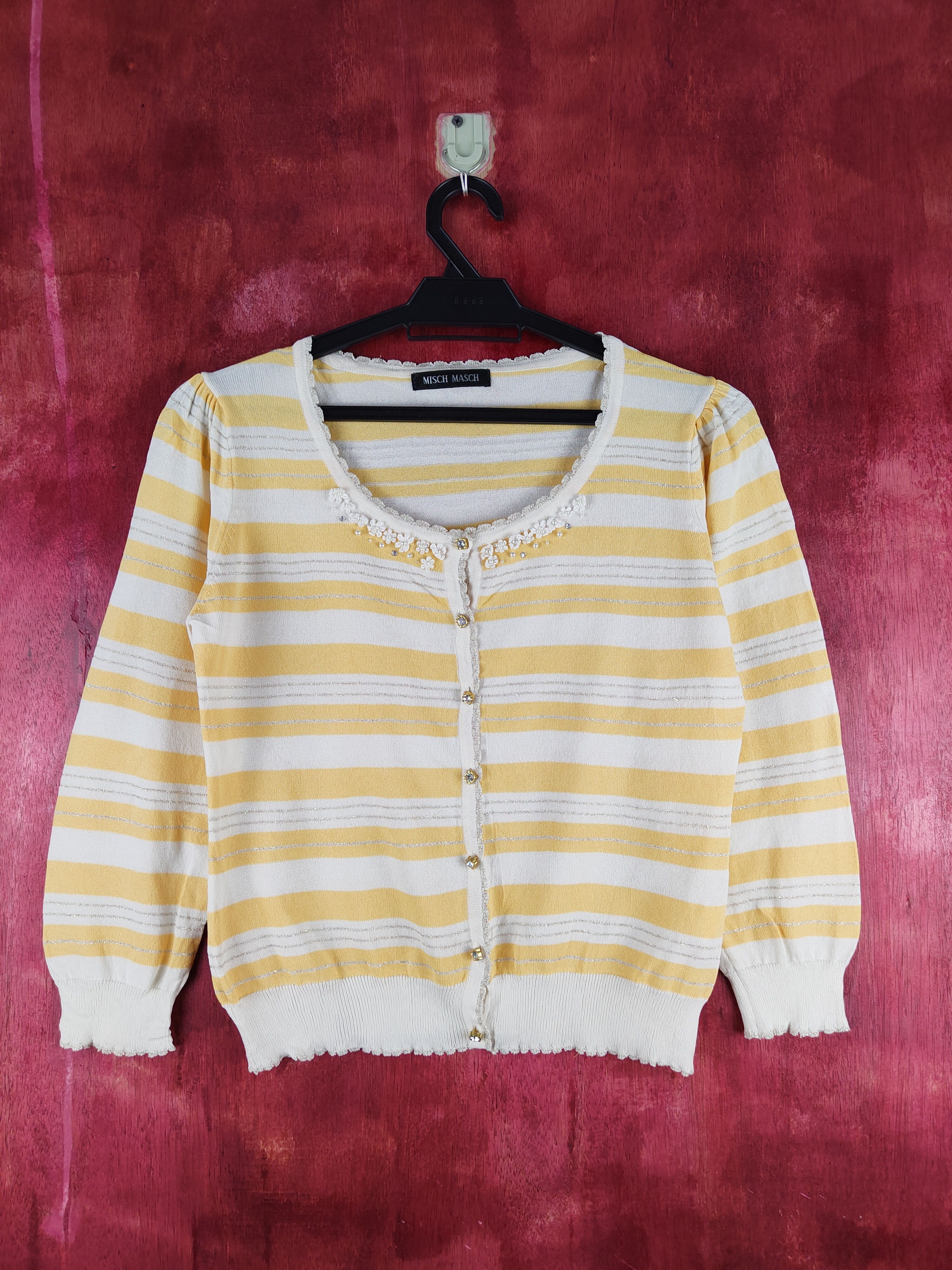 Japanese Brand Misch Masch Yellow/White Stripe Knitwear Cardigan #S1201 Size S / US 4 / IT 40 - 1 Thumbnail