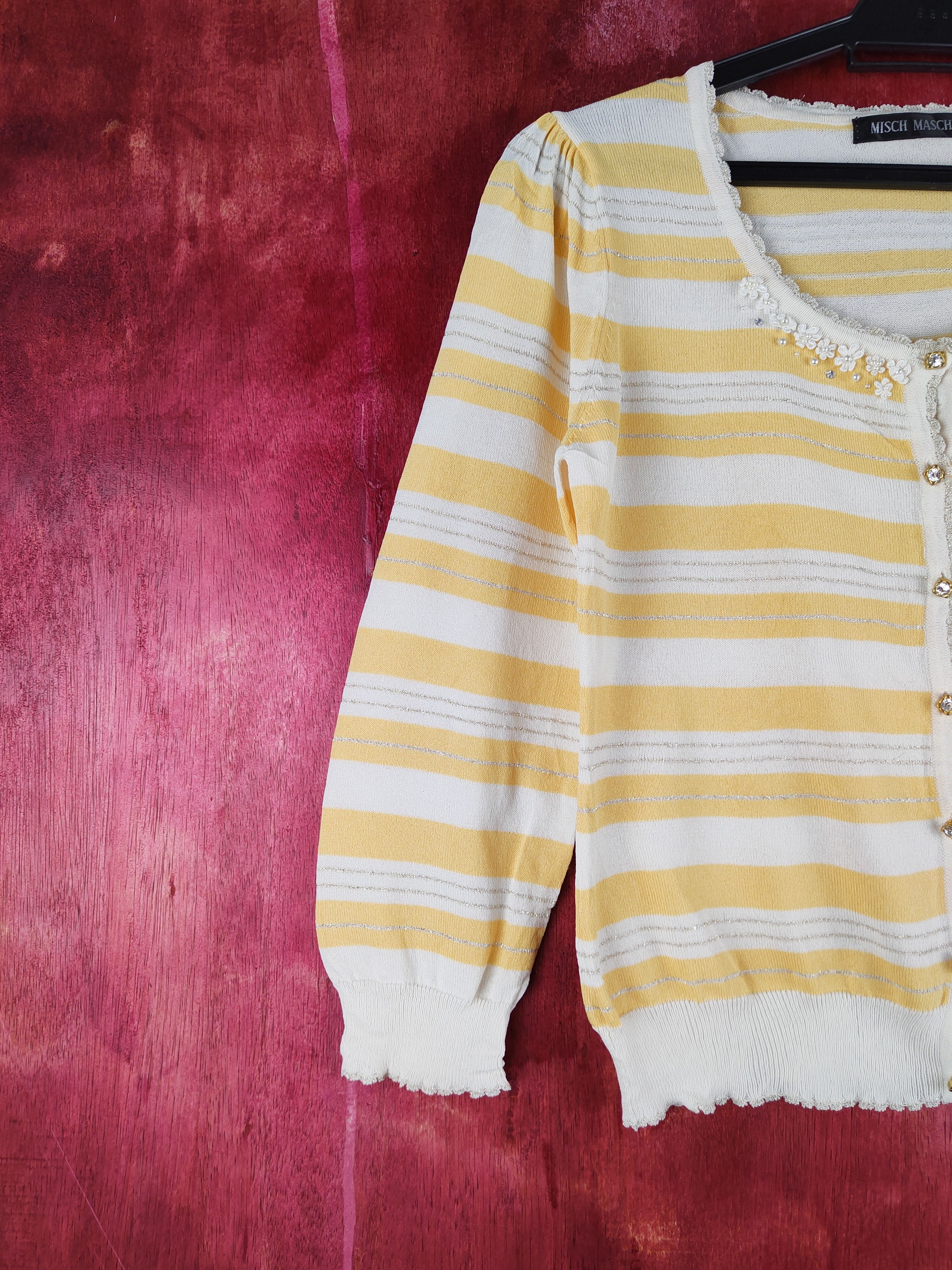 Japanese Brand Misch Masch Yellow/White Stripe Knitwear Cardigan #S1201 Size S / US 4 / IT 40 - 3 Thumbnail