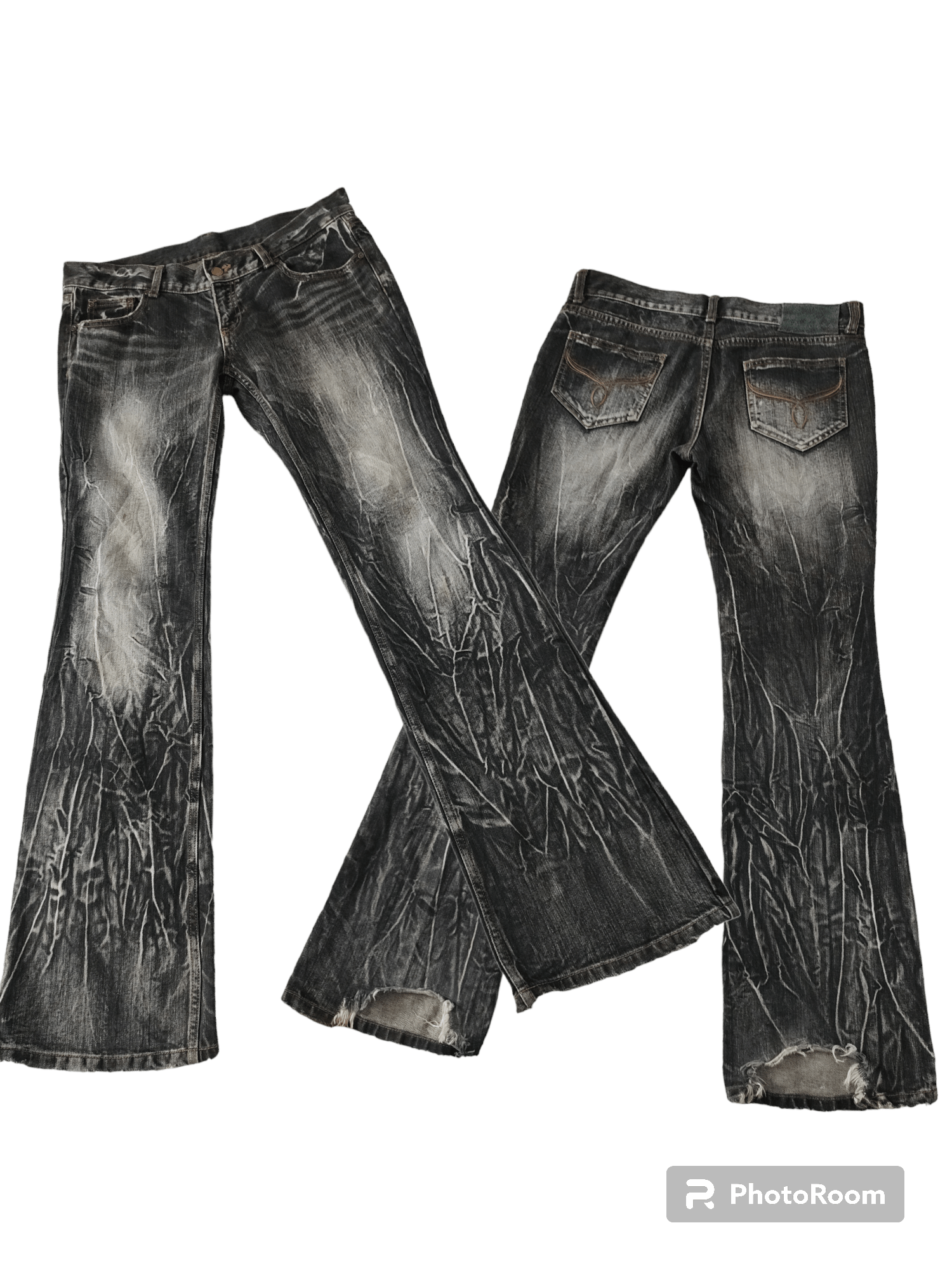 image of Distressed Denim x Tribal Street Wear Thunder Whiskers Low Rise Distressed Flare Jeans in Faded Bla