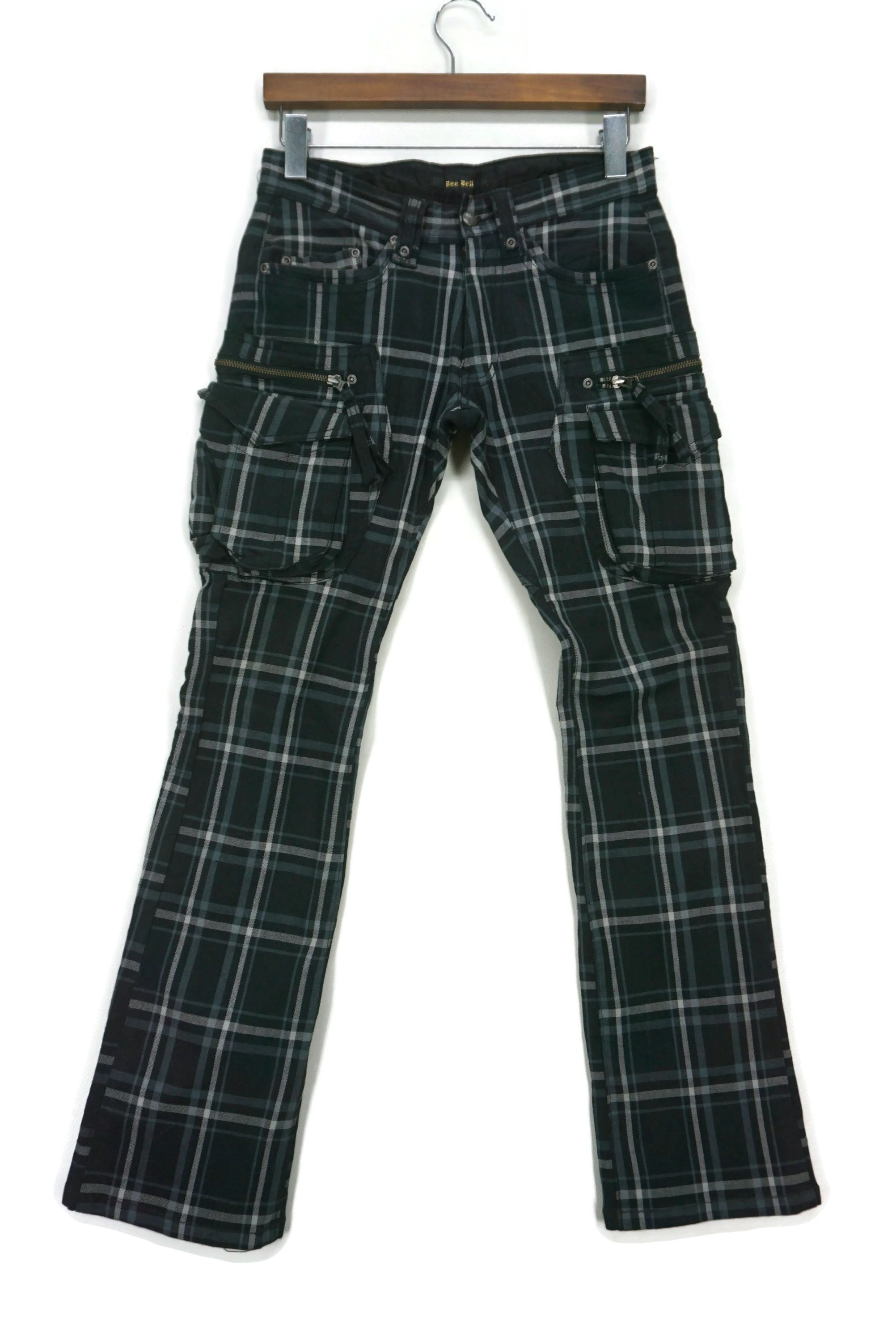 image of Rockers x Workers Bee Bell Bootcut Cargo Tartan Tactical Bondage Multi Zipper in Black Blue (Size 3