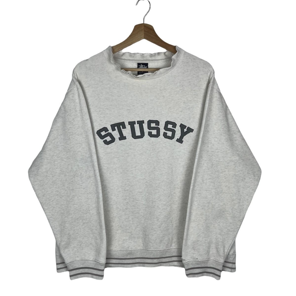 image of Stussy Distressed Embroidered Spell Out Sweatshirt in Grey, Men's (Size Large)