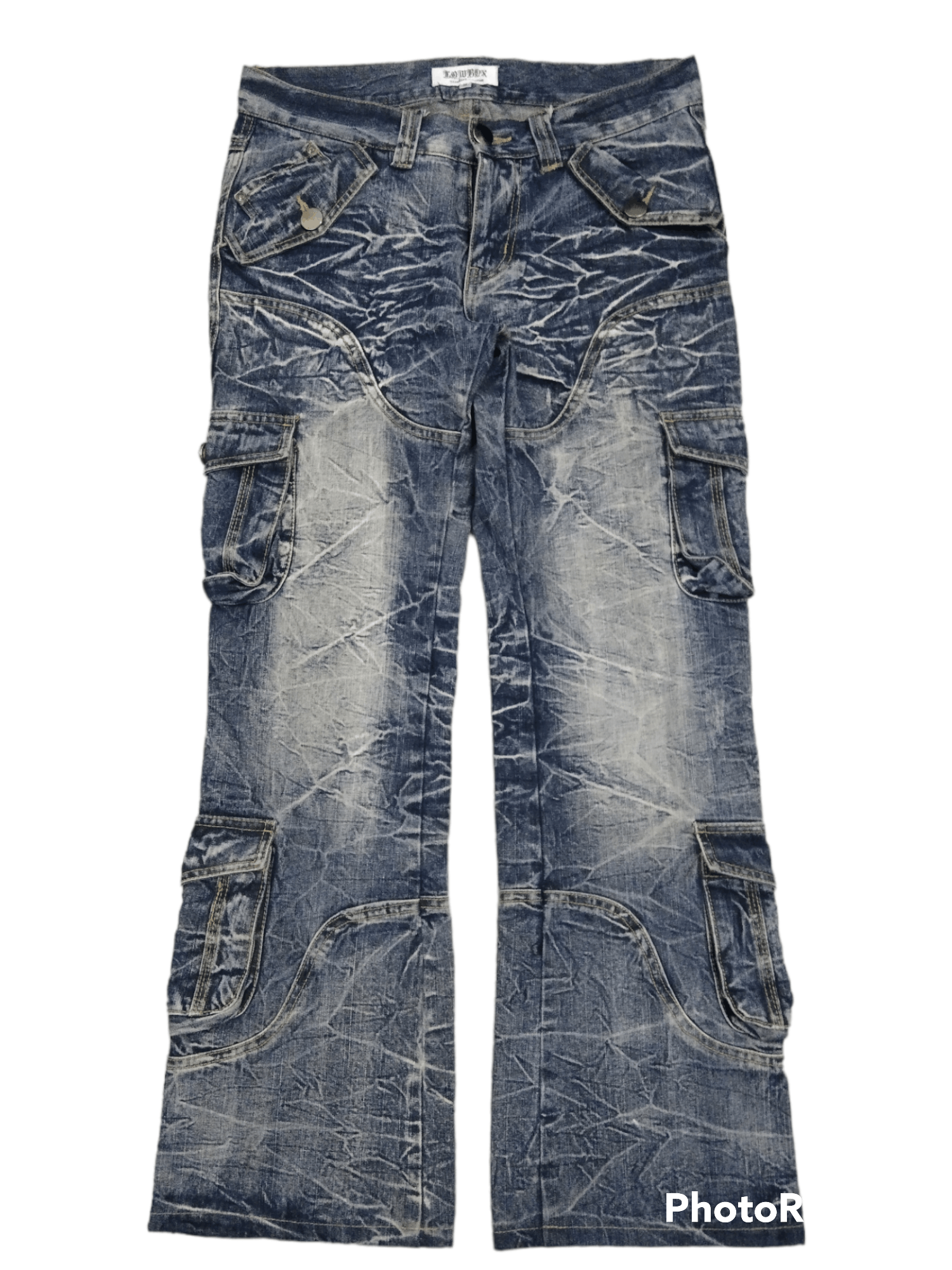 image of Avant Garde x Distressed Denim Flare Sick Tactical Multipocket Lowbox Denim Pants in Blue Distresse