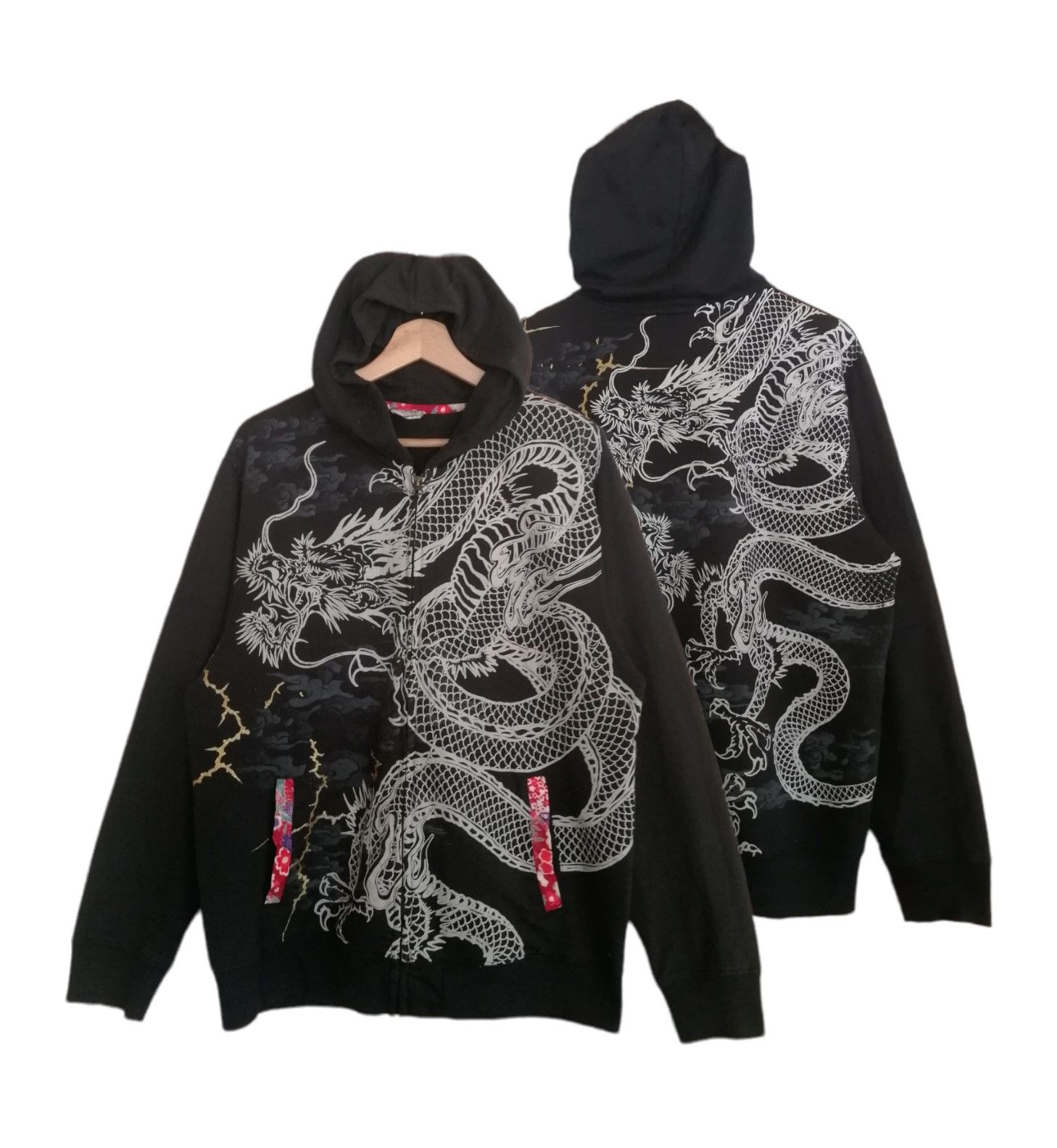 image of Vintage Vinatge Dragon Drawing Hoodie Jacket in Black, Men's (Size Medium)