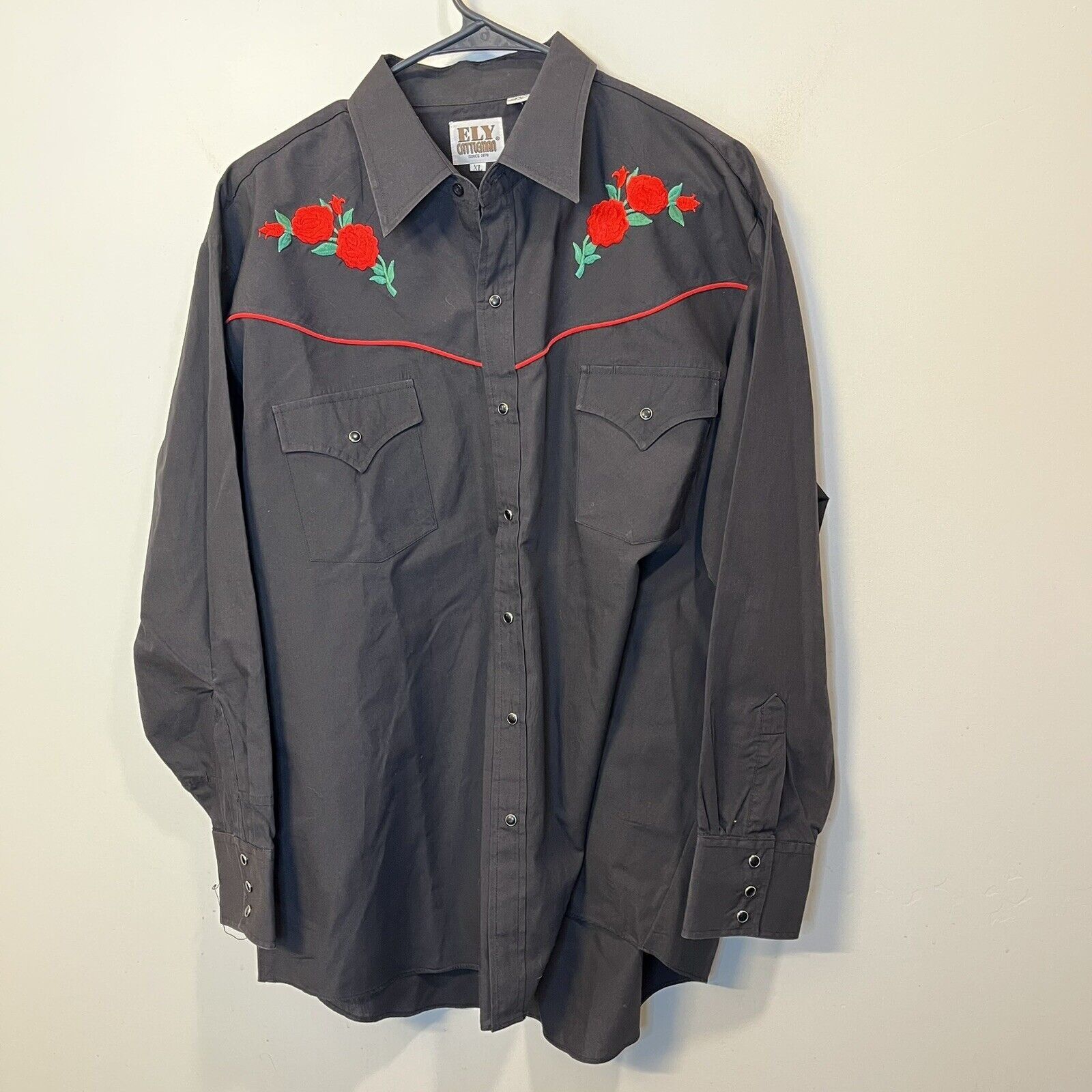 Vintage VTG Ely Cattleman Shirt Pearl Snap Black Embroidered Red | Grailed