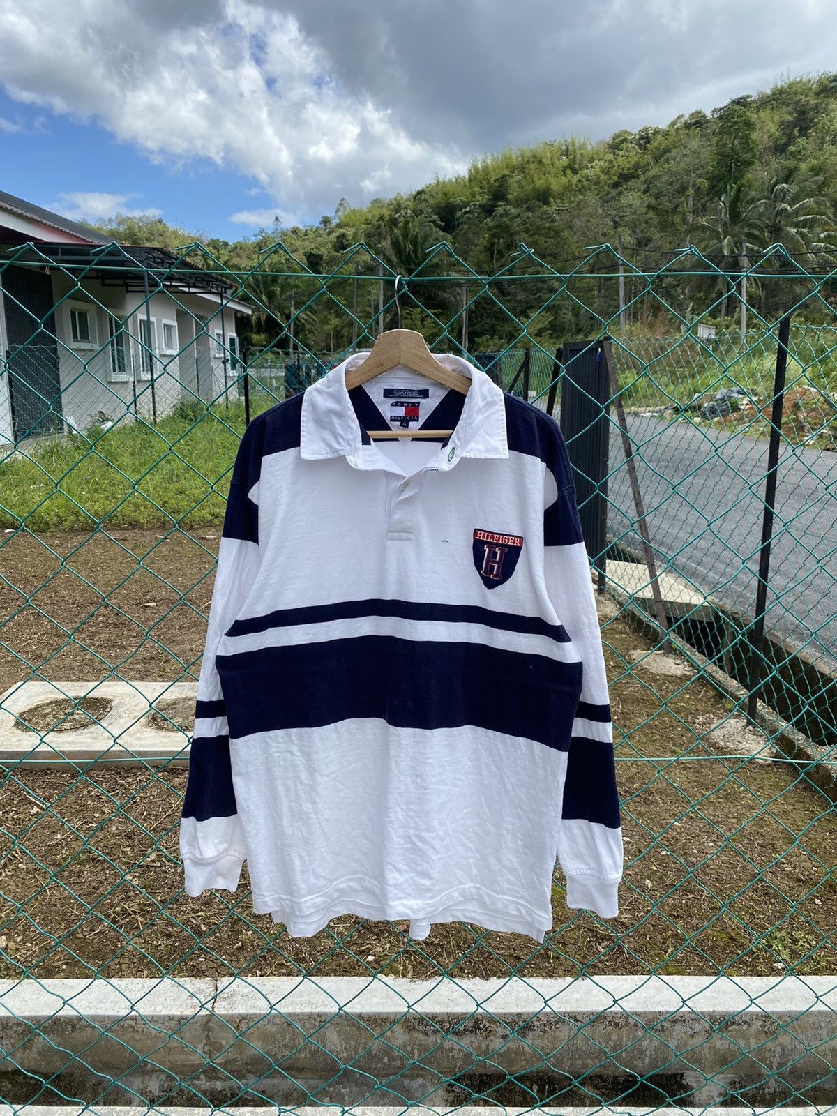 image of Rugby North America x Tommy Hilfiger Polo Rugby Striped in White/Blue, Men's (Size Large)