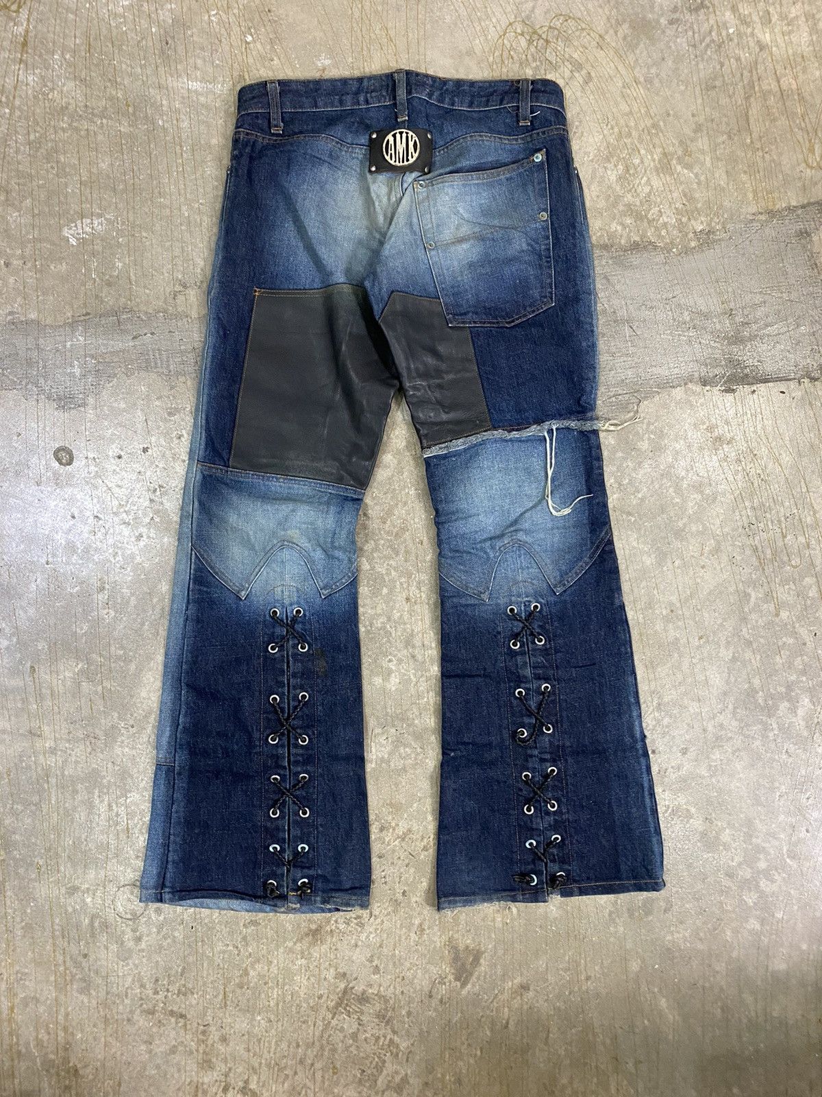 Andrew Mackenzie Vtg AMK Double knee leather Lace Punk flare denim Size US 32 / EU 48 - 2 Thumbnail