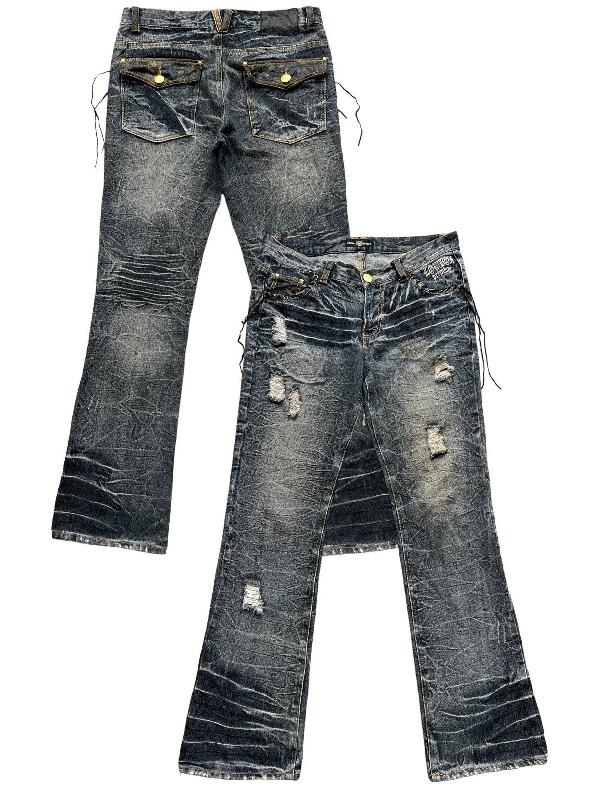 Lowbox Japan Distressed Bondage Flare Mudwash Jeans 34x33