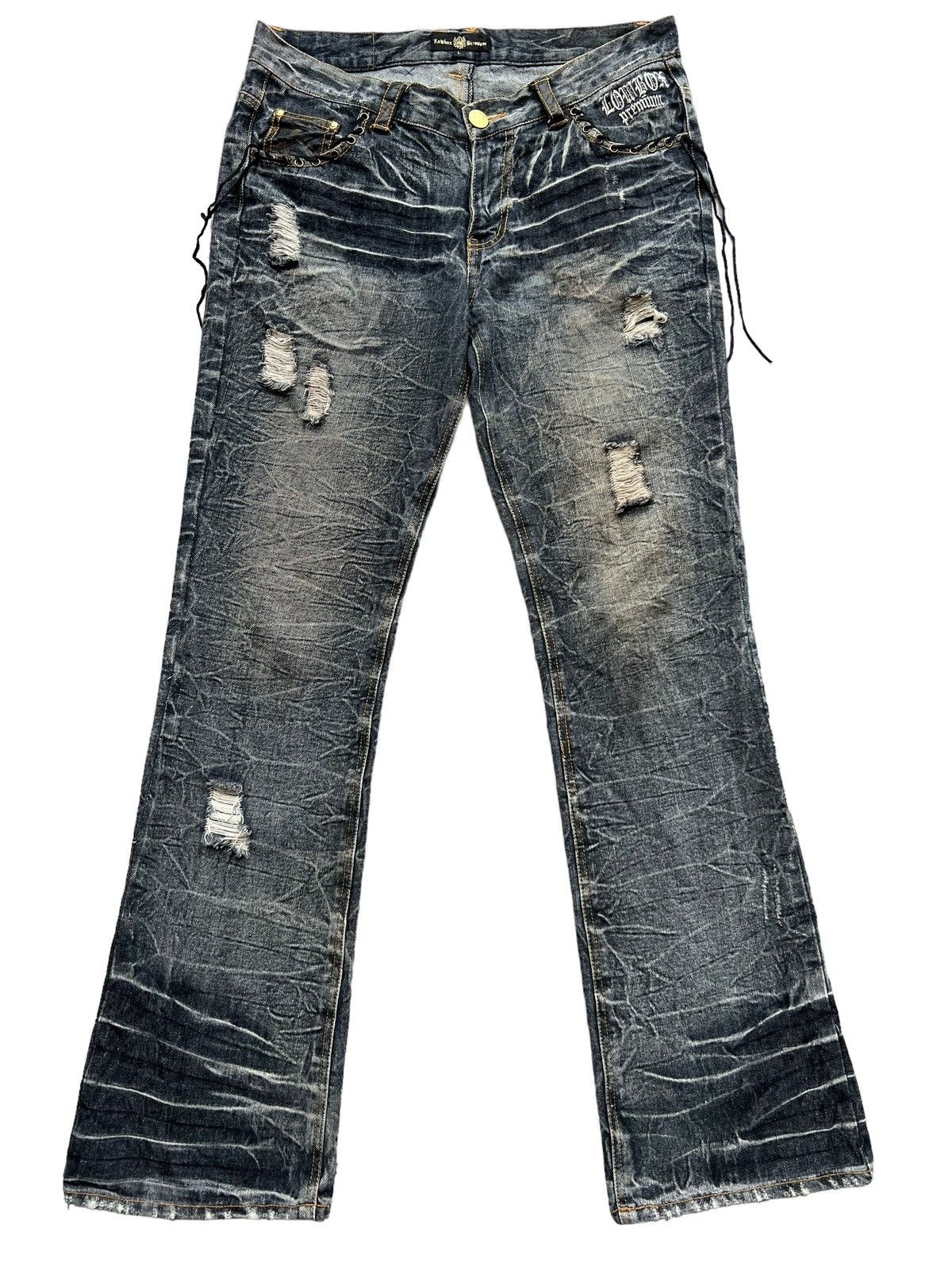 Lowbox Japan Distressed Bondage Flare Mudwash Jeans 34x33