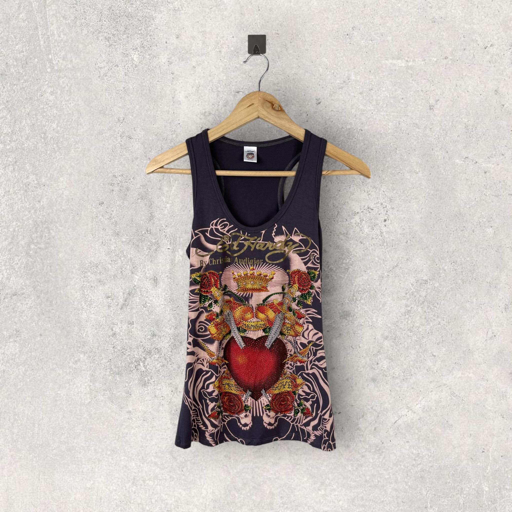 Vintage Women's Vintage ED HARDY Top Tank Crown Heart Sequin | Grailed