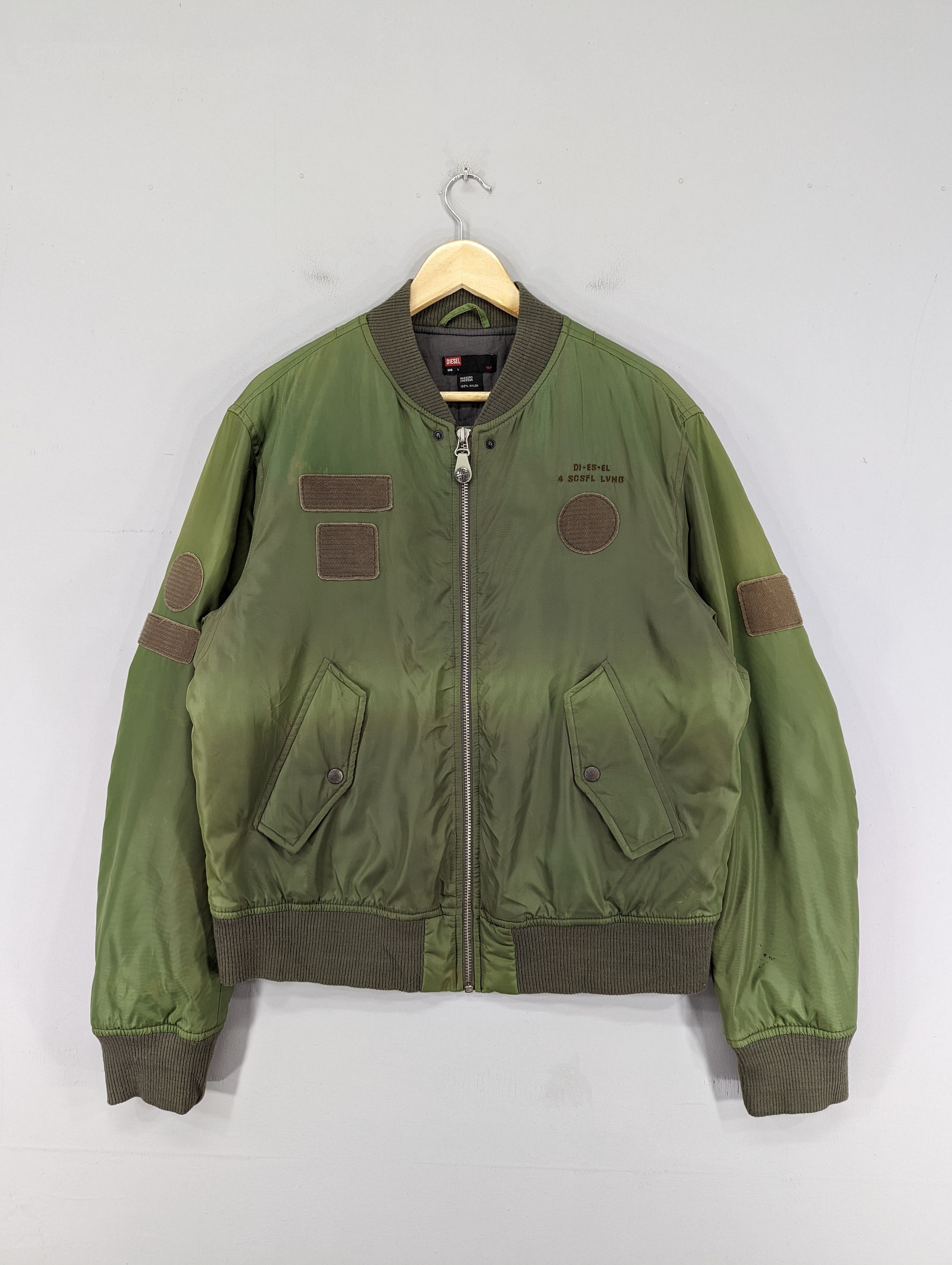 image of Bomber Jacket x Diesel Distressed Military Bomber Style Jacket in Faded Green, Men's (Size Medium)