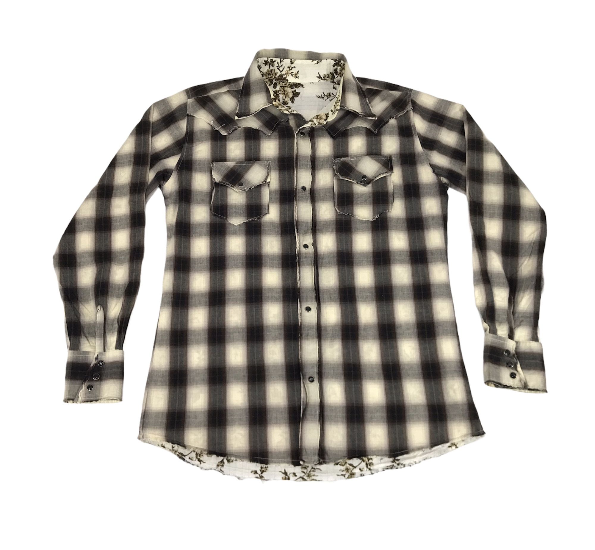Flannel Vintage Shadow Plaid Check Floral Inner Lined Snap Button Size L / US 10 / IT 46 - 1 Thumbnail