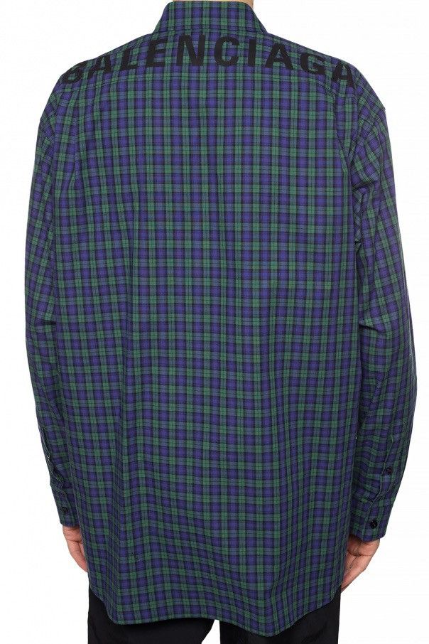 image of Balenciaga Plaid Logo Button-Up Shirt 41 (L) in Blue, Men's (Size Large)