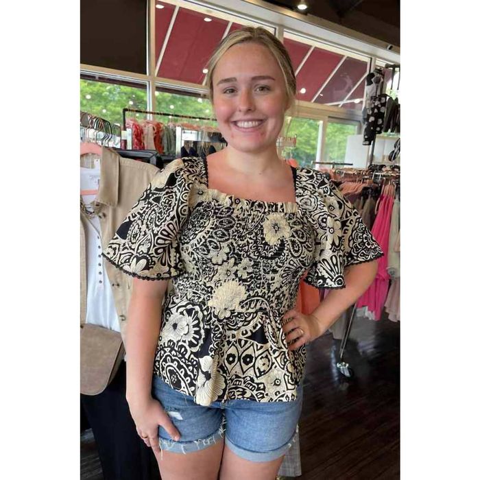 Umgee Full Size Ruffled Bow Print Tie Neck Peplum Blouse Plus Size