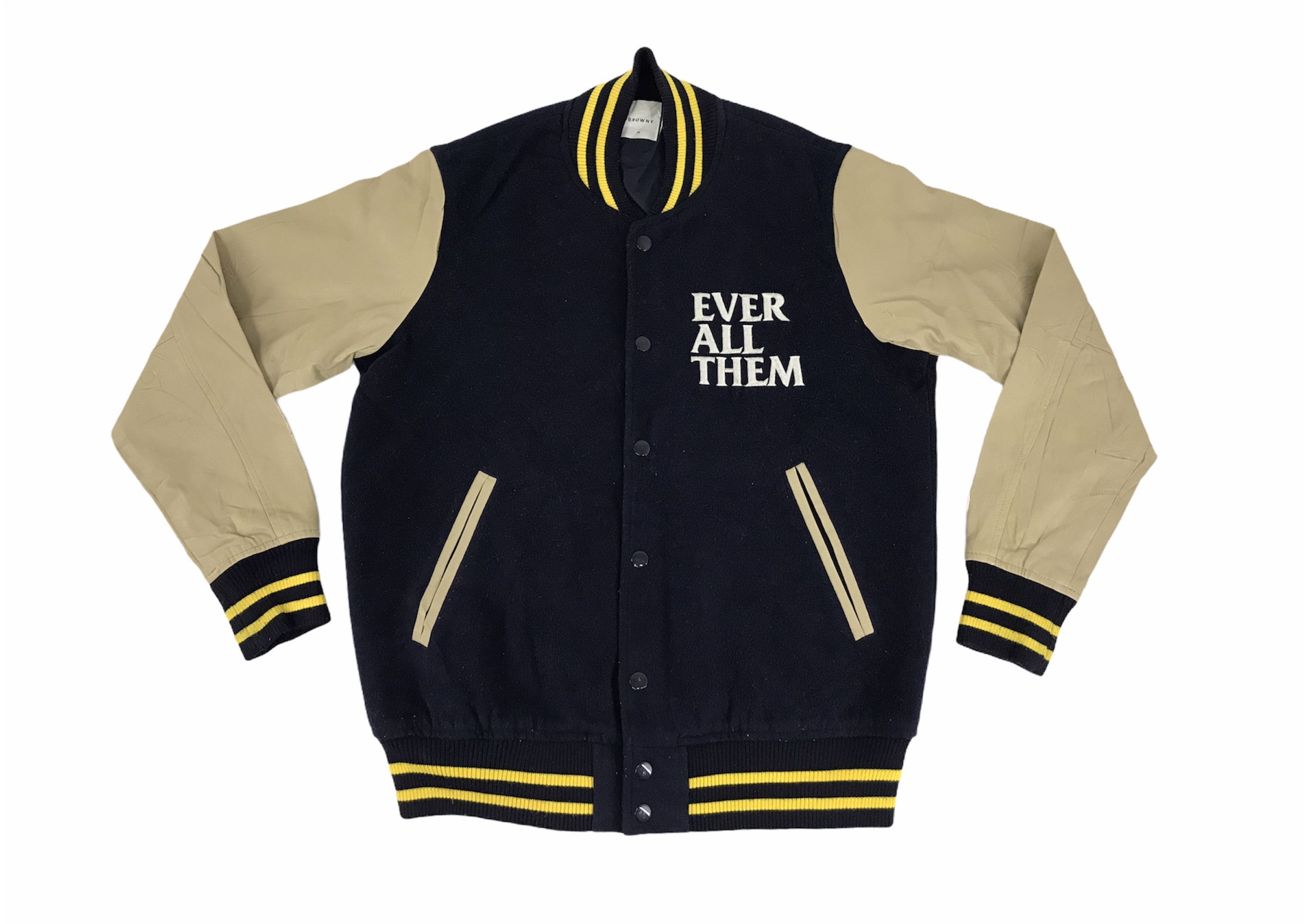 image of Browny Alright Varsity Jacket Wool Spell Out in Blue Black, Men's (Size Medium)