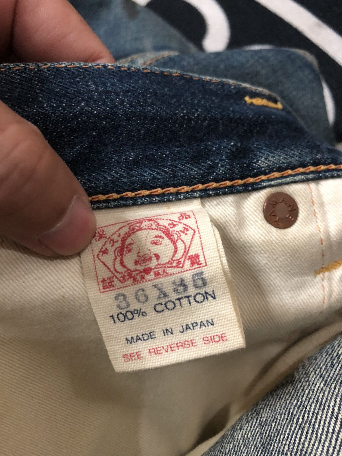 Evisu × Japanese Brand × Vintage VINTAGE EVISU YELLOW DAICOCK BUCKLE BACK DISTRESED SELVEDGE Size US 35 - 18 Thumbnail