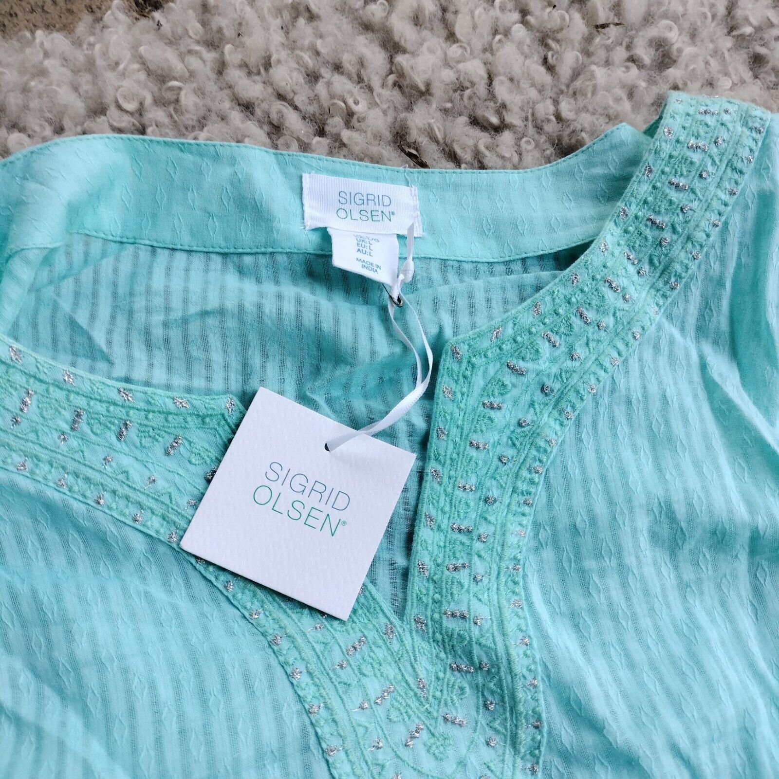 Designer Sigrid Olsen Top Blouse Tunic Cotton Gauze Embroidered Size L / US 10 / IT 46 - 6 Thumbnail