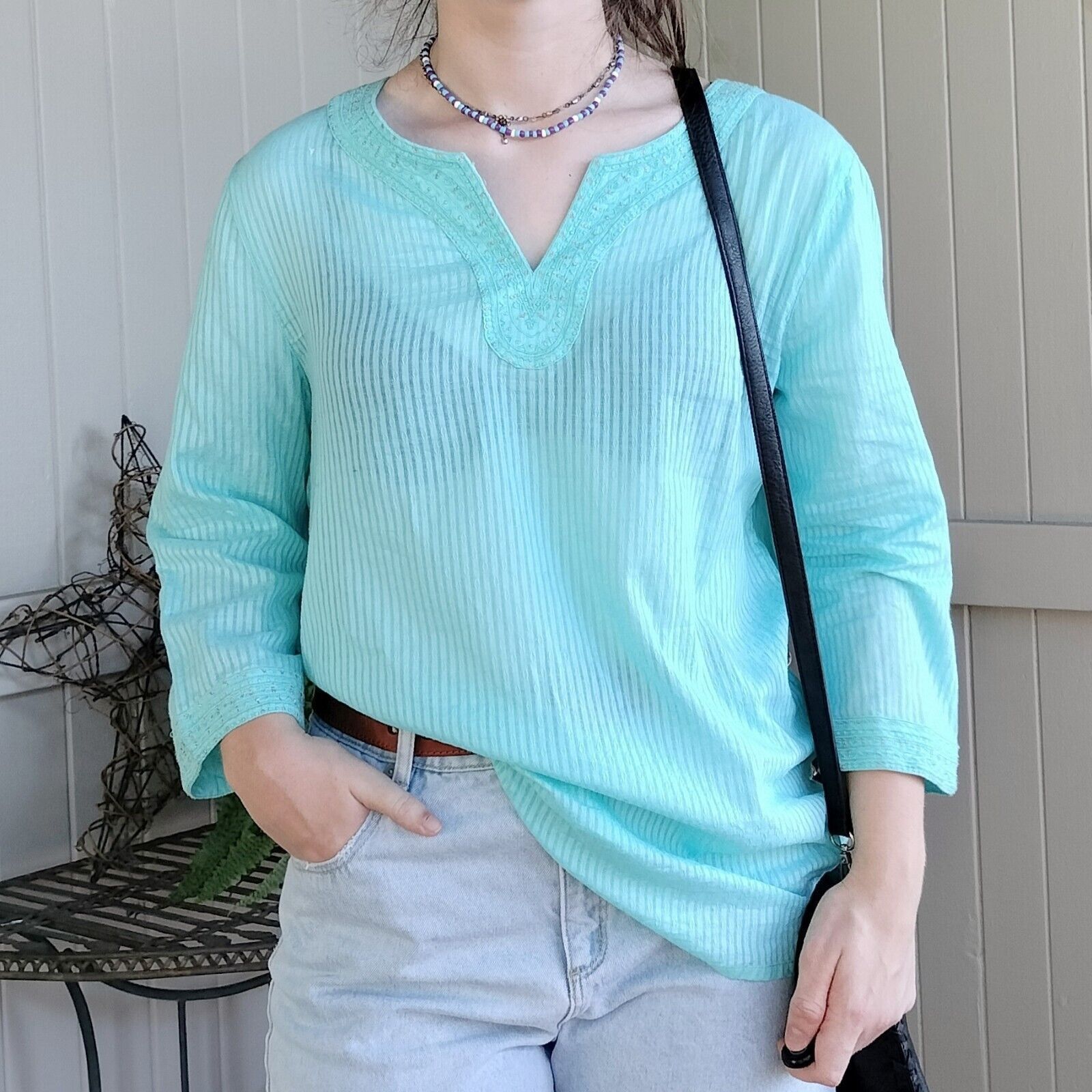 Designer Sigrid Olsen Top Blouse Tunic Cotton Gauze Embroidered Size L / US 10 / IT 46 - 1 Thumbnail