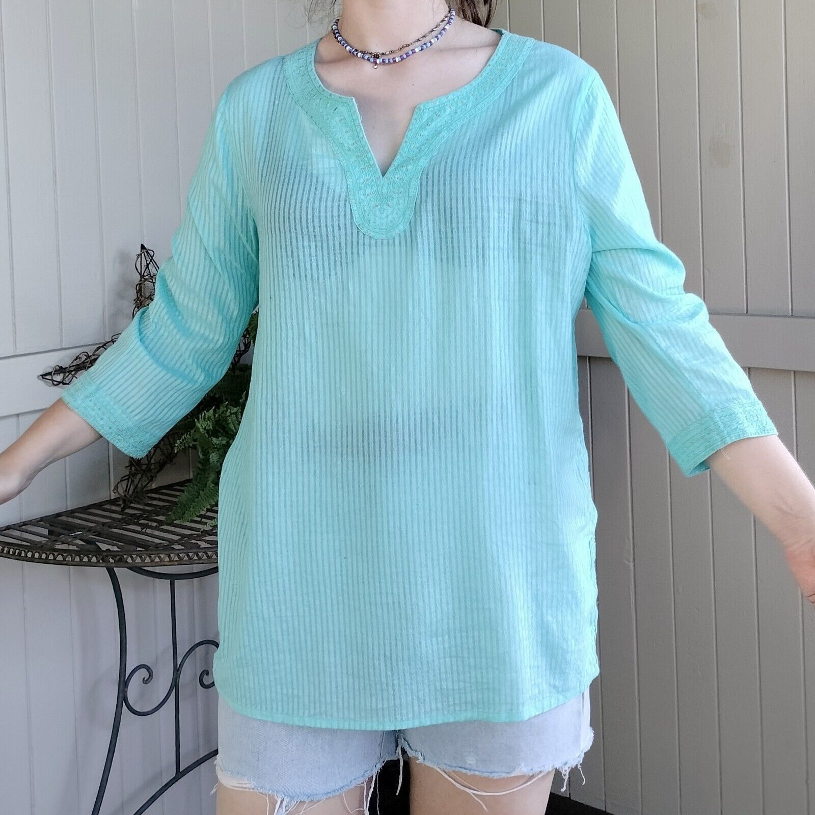Designer Sigrid Olsen Top Blouse Tunic Cotton Gauze Embroidered Size L / US 10 / IT 46 - 5 Thumbnail