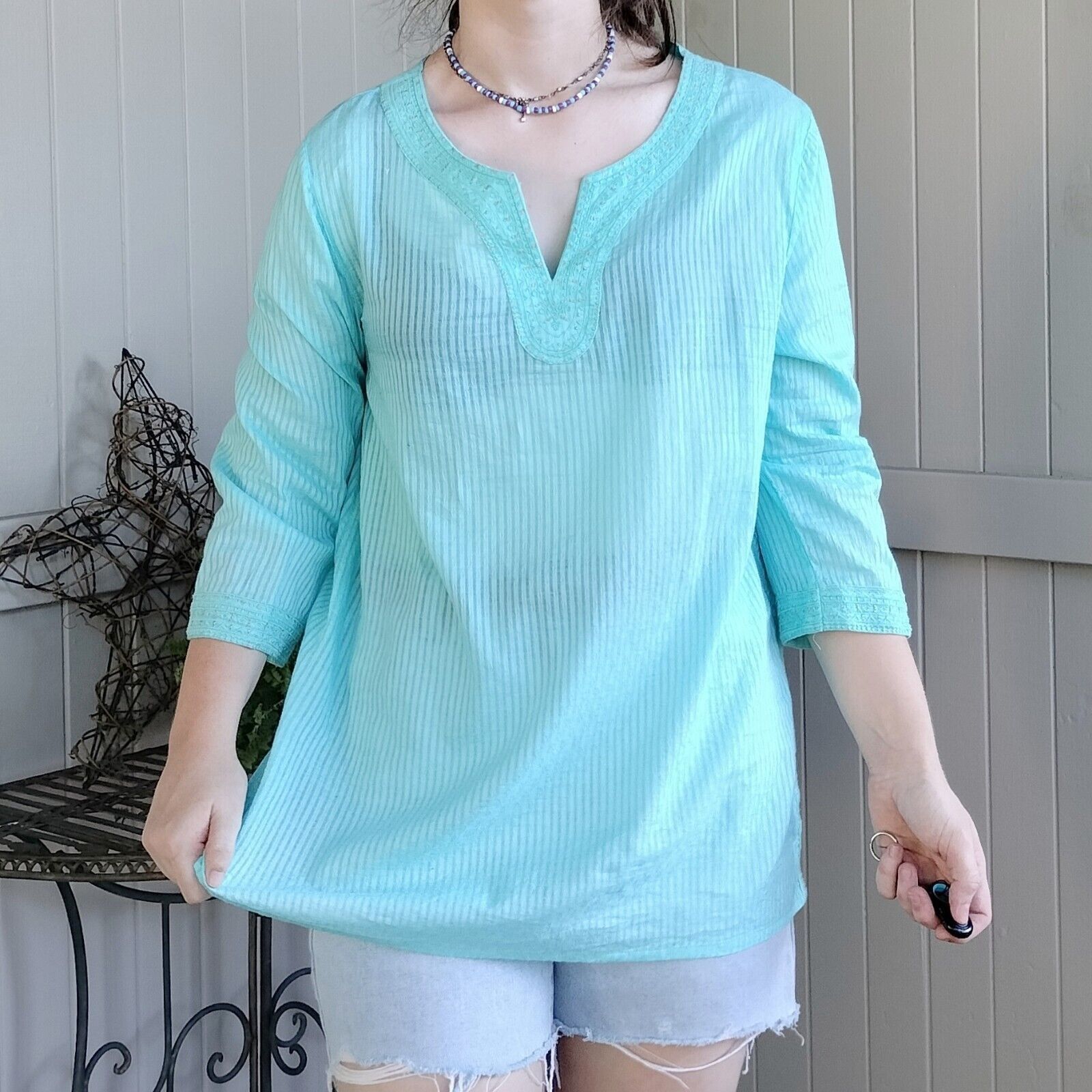 Designer Sigrid Olsen Top Blouse Tunic Cotton Gauze Embroidered Size L / US 10 / IT 46 - 3 Thumbnail