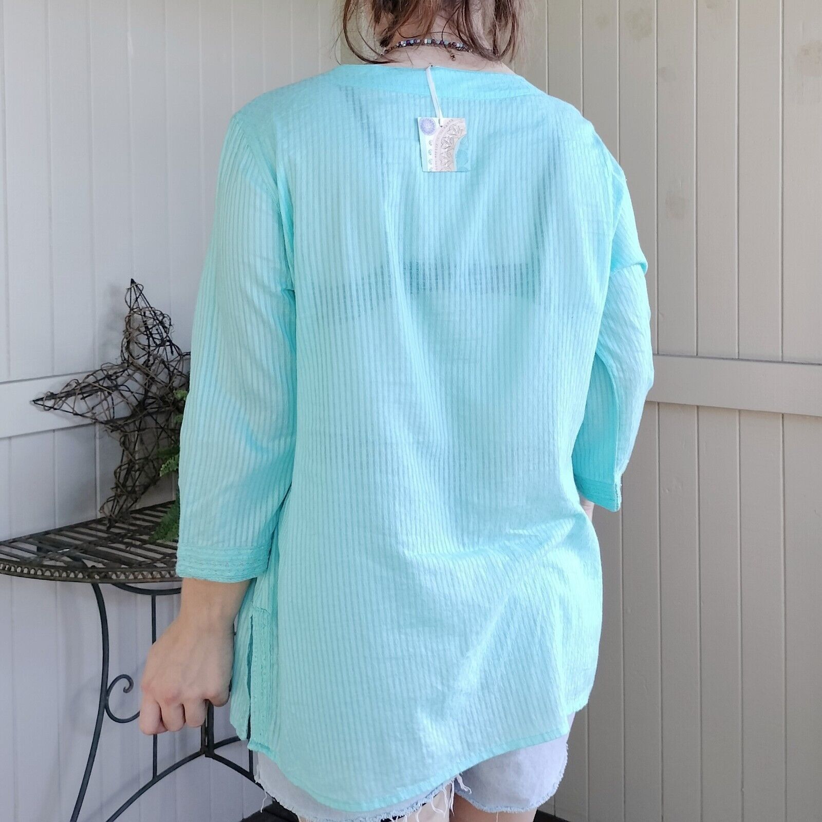 Designer Sigrid Olsen Top Blouse Tunic Cotton Gauze Embroidered Size L / US 10 / IT 46 - 2 Thumbnail