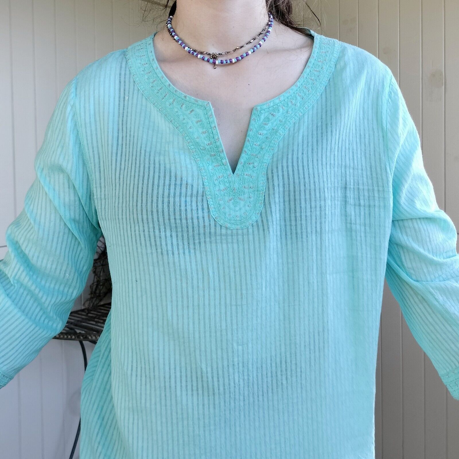 Designer Sigrid Olsen Top Blouse Tunic Cotton Gauze Embroidered Size L / US 10 / IT 46 - 4 Thumbnail