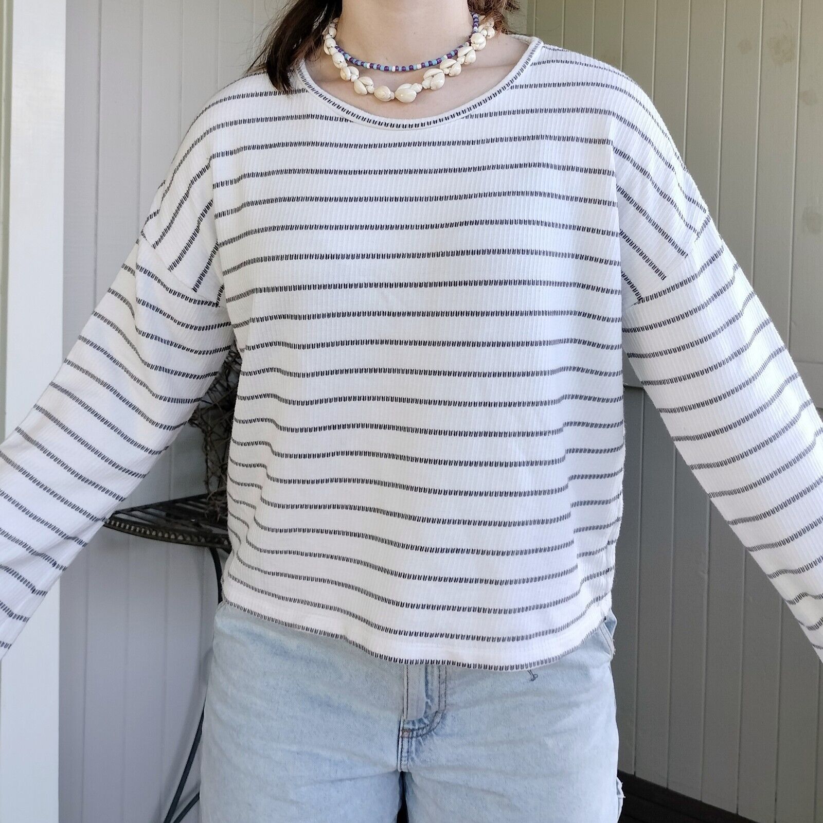 Designer Seed Heritage Jumper Sweater White Grey Knit Bell Sleeve Size M / US 6-8 / IT 42-44 - 4 Thumbnail