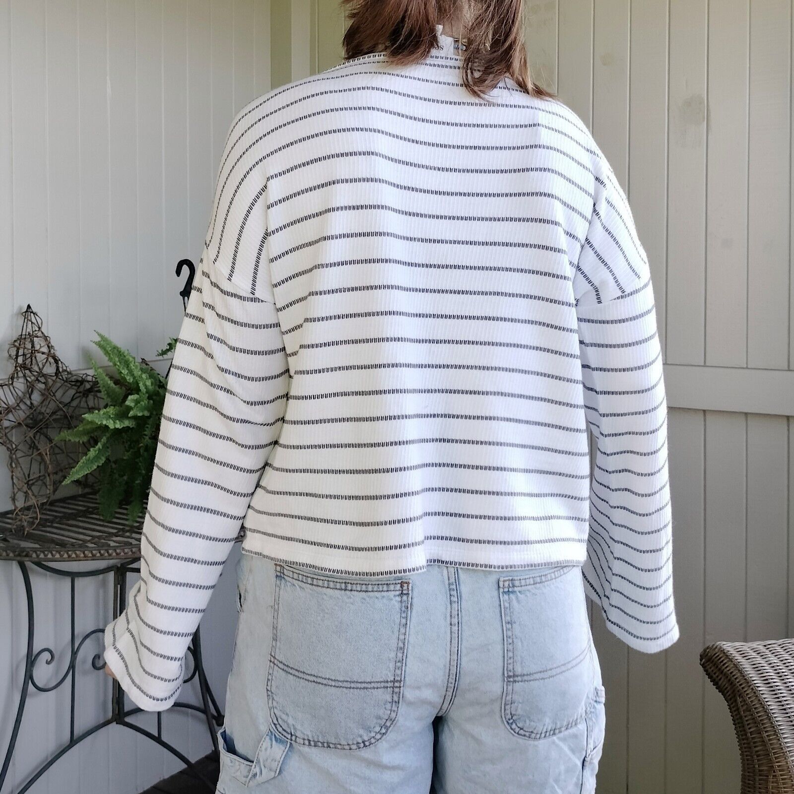 Designer Seed Heritage Jumper Sweater White Grey Knit Bell Sleeve Size M / US 6-8 / IT 42-44 - 3 Thumbnail