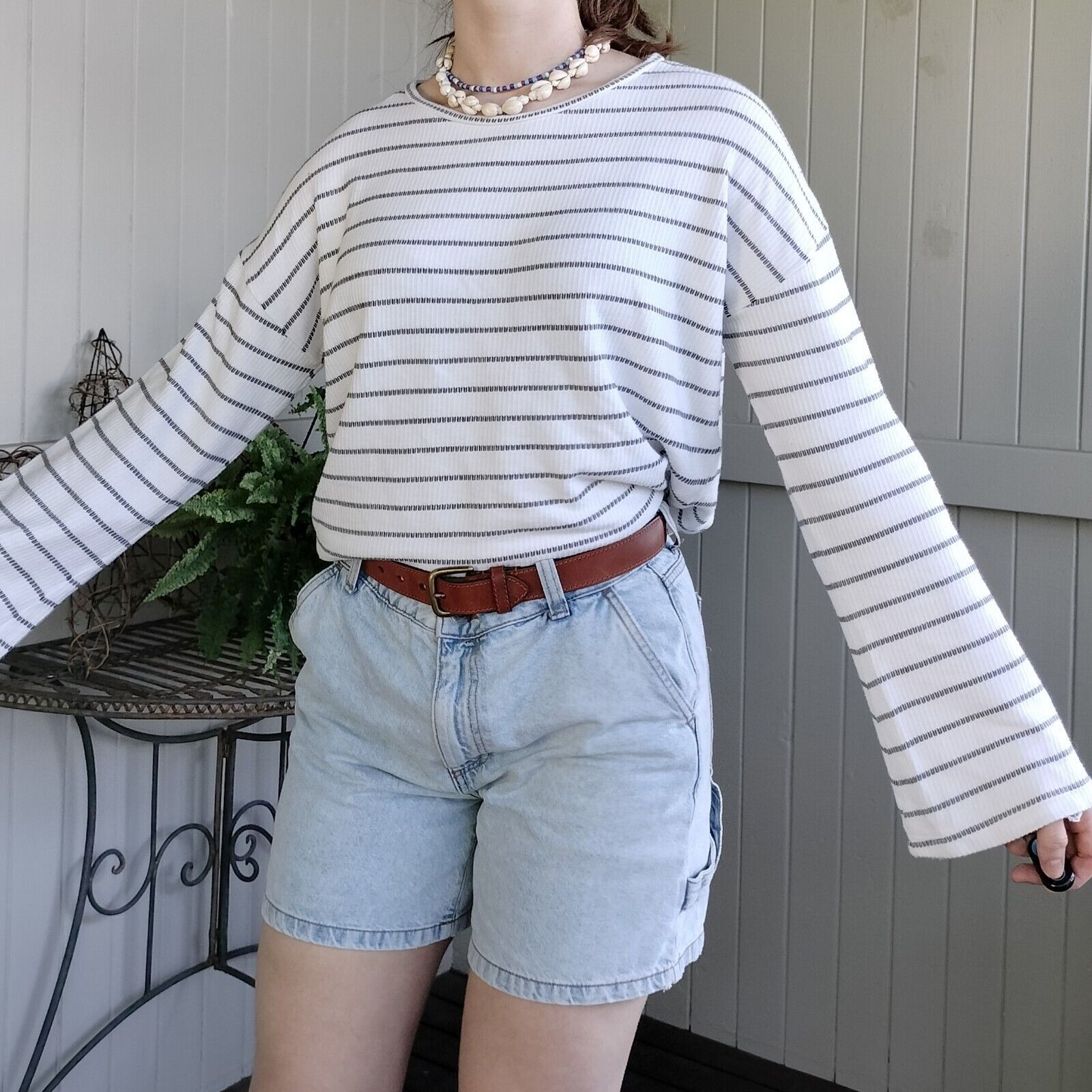 Designer Seed Heritage Jumper Sweater White Grey Knit Bell Sleeve Size M / US 6-8 / IT 42-44 - 2 Thumbnail
