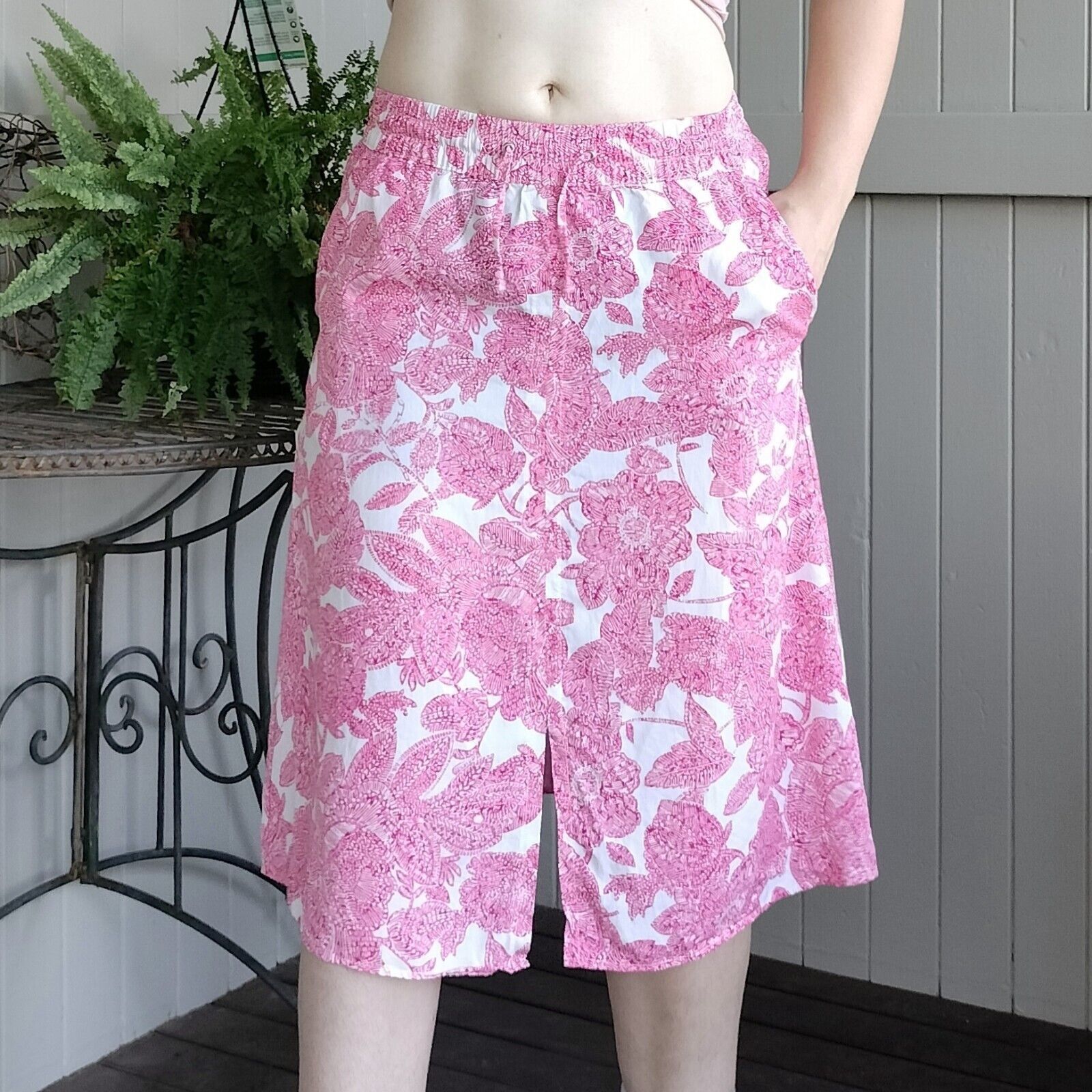 Designer Sportscraft Skirt Pink White Floral Midi A Line High Waist Size 28" / US 6 / IT 42 - 2 Thumbnail