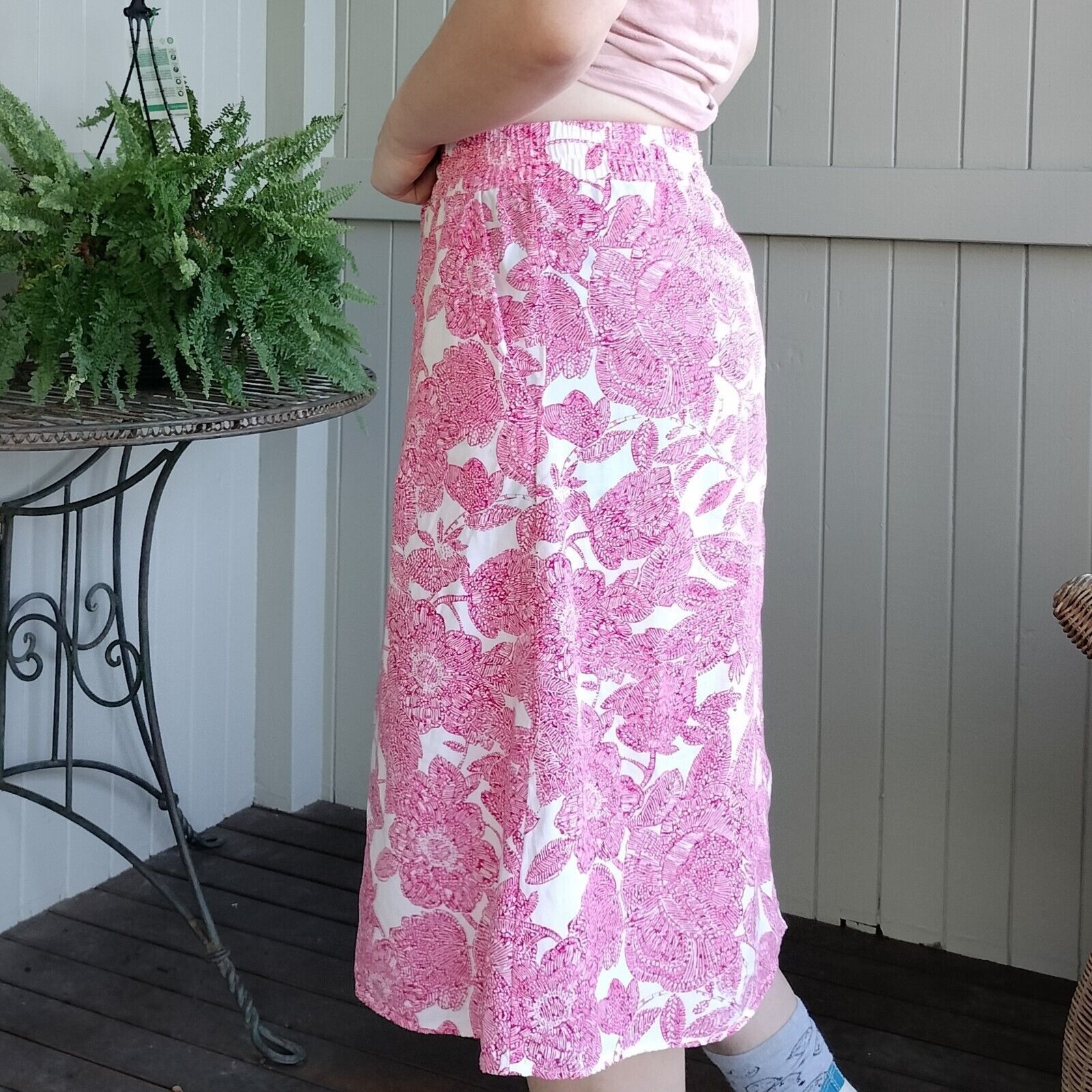 Designer Sportscraft Skirt Pink White Floral Midi A Line High Waist Size 28" / US 6 / IT 42 - 3 Thumbnail