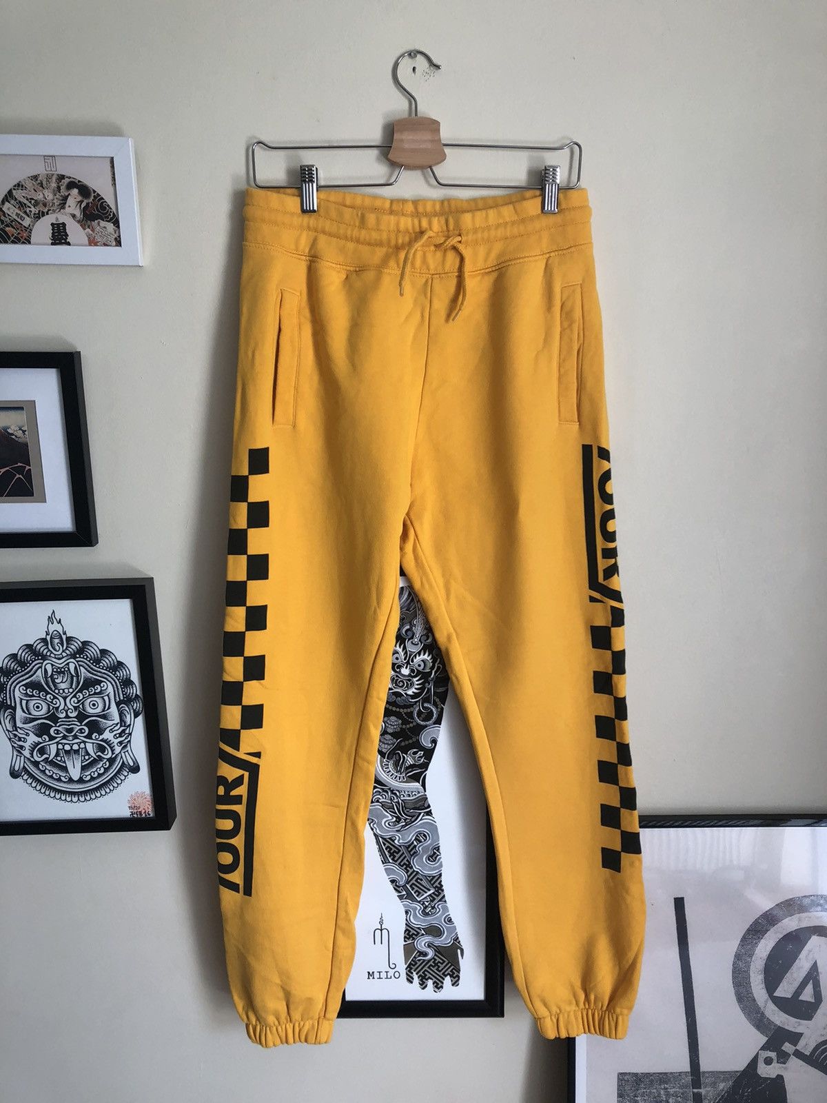 Image of H&m Stadium Tour Checkered Racing Sweatpants in Sun Yellow, Men's (Size 30)