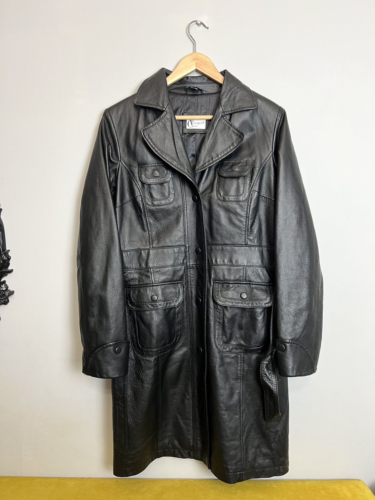 image of Vintage Genuine Leather Long Coat Jacket Avant Garde in Black, Women's (Size Medium)