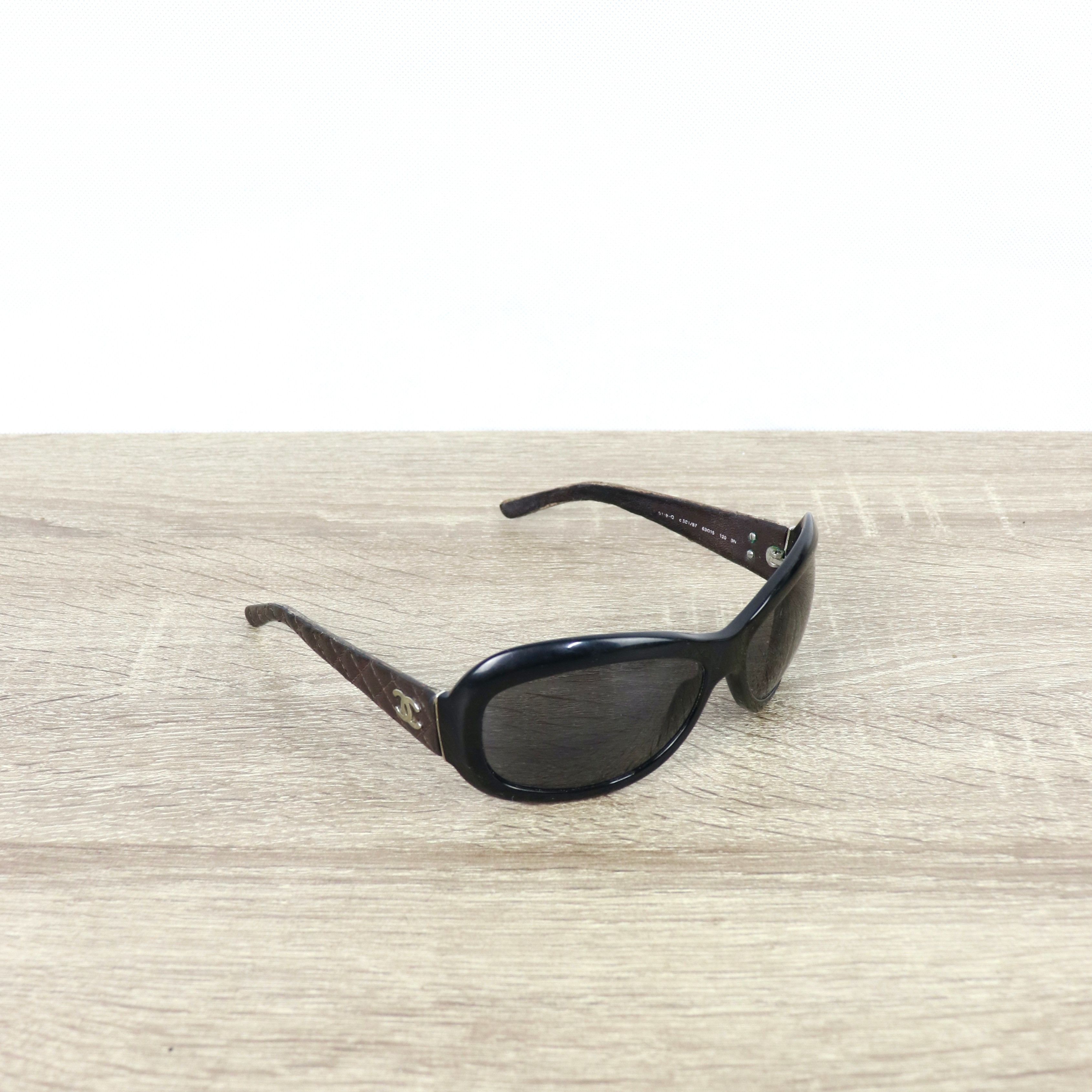 image of Archival Clothing x Chanel Quiltedd Leather Sunglasses in Brown Black, Women's