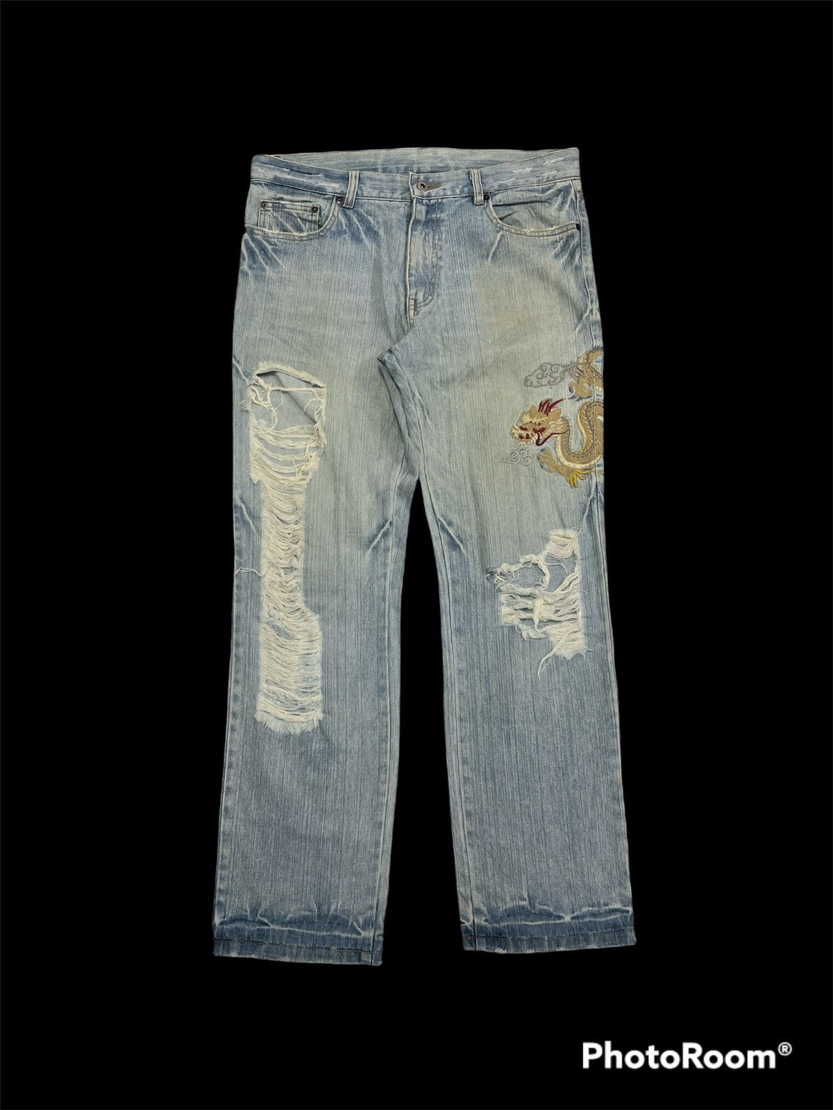 SICK🔥🔥Unknown Distressed Embroidery Dragon Denim Pants