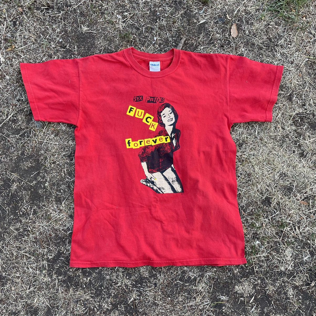 image of 90's Adult “Sex Pistols Babe” Porn Humor Tee in Red, Men's (Size Medium)