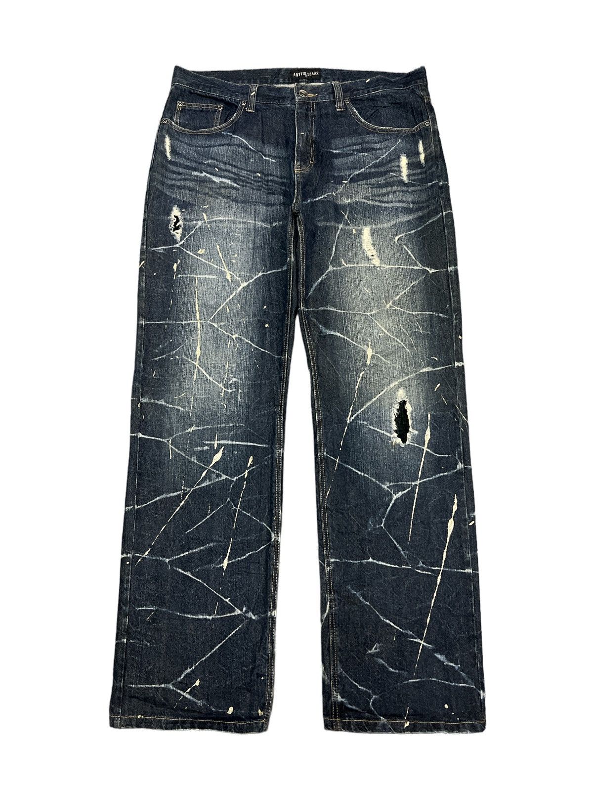 image of Avant Garde Antful Thrashed Ripped Splatter Denim Pant in Blue, Men's (Size 38)