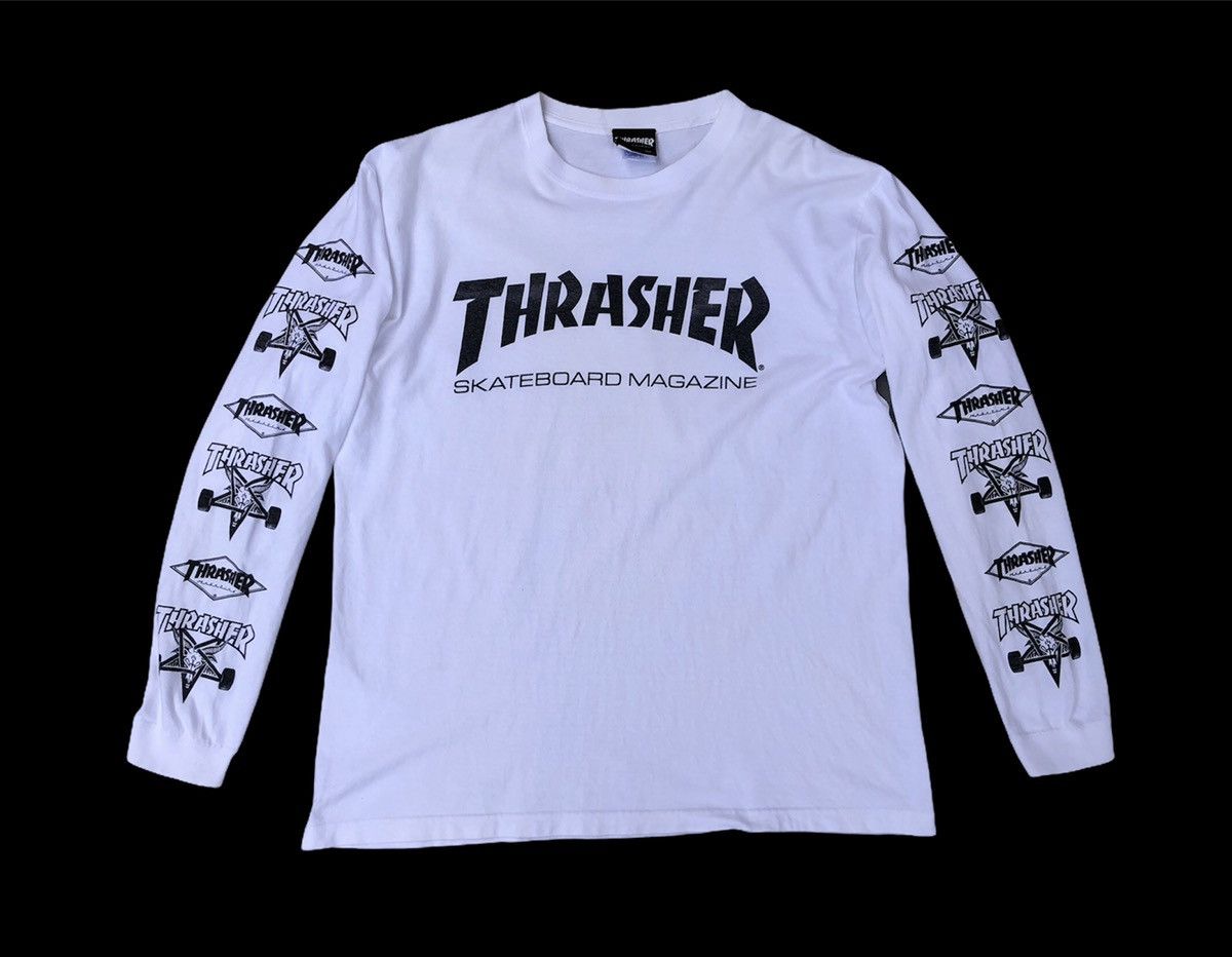 image of Santa Cruz Skateboards x Thrasher Vintage Thrasher Skateboard Magazine Long Sleeve Tshirt in White 
