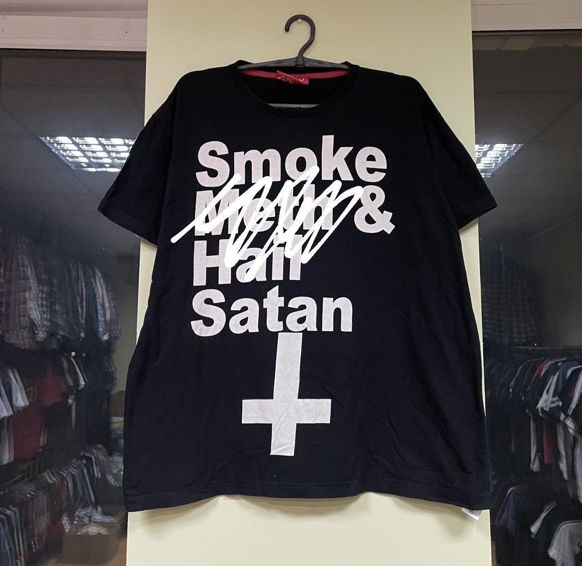 image of Y2K Adult “Smoke Mh Hail Satan” Humor Tee in Black, Men's (Size Medium)
