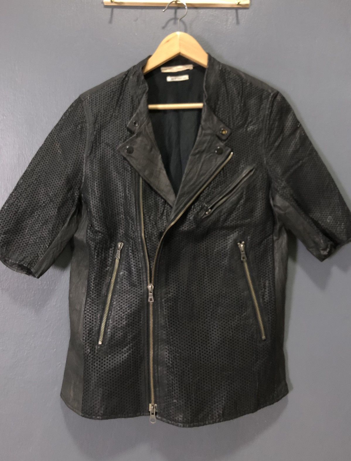 image of Leather Jacket x Vintage By Tass Design Leather Punk Biker Short Sleve Net Jacket in Black (Size Sm