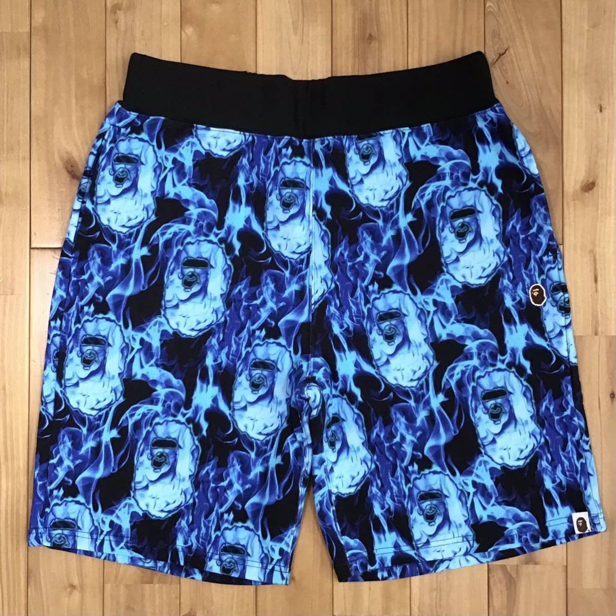 image of Bape Flame Sweat Shorts Fire Head A Bathing Ape ★Size XL in Blue, Men's (Size 36)