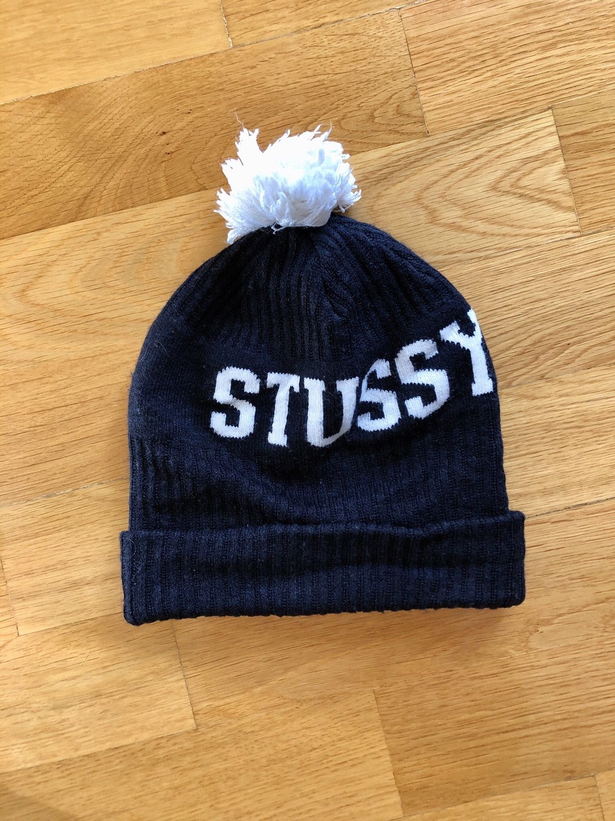 Stussy Vintage logo folded pompon beanie hat