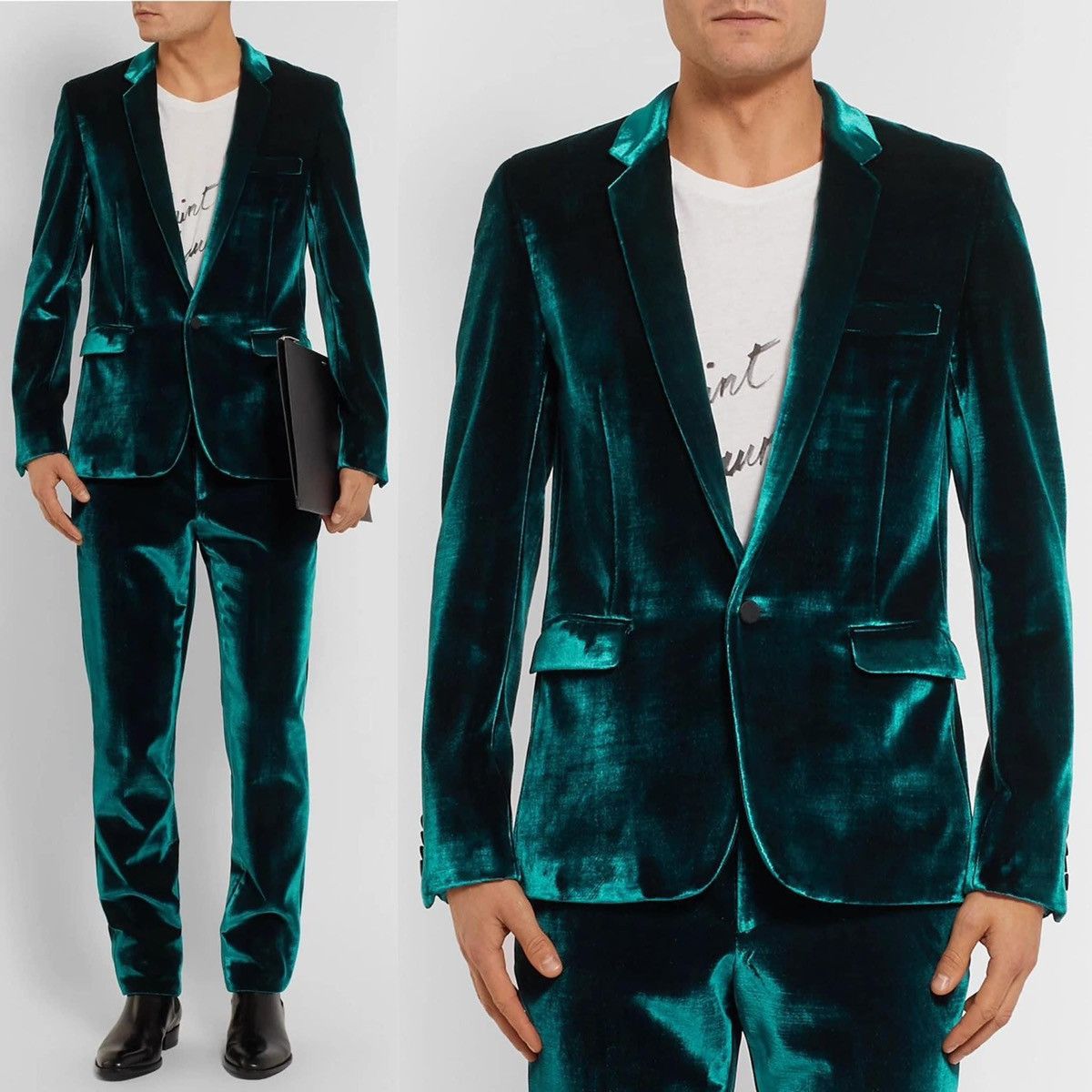 Saint Laurent Paris 18FW Runway Green Velvet Blazer sz46 Size 46S - 10 Thumbnail