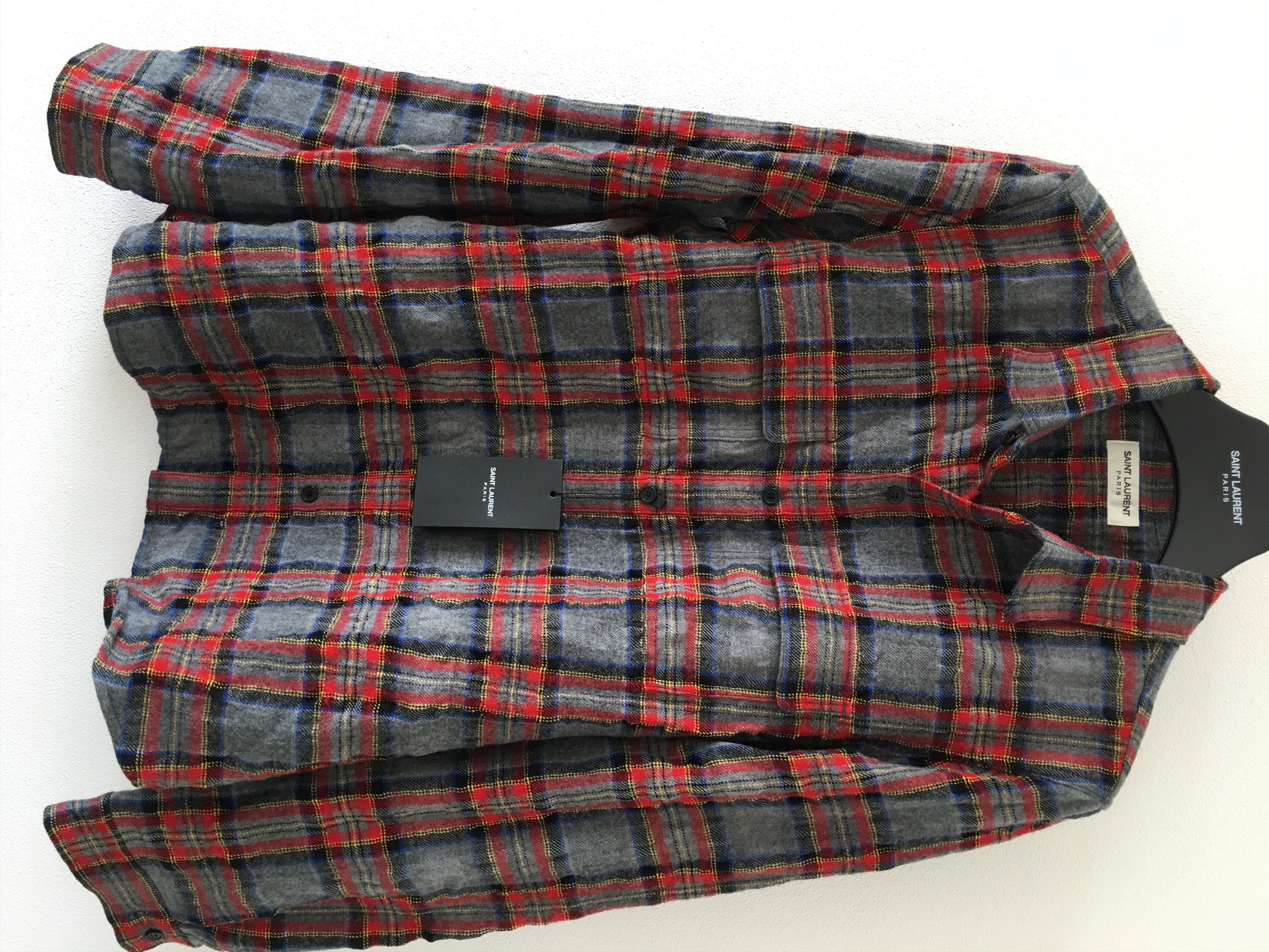 image of Saint Laurent Paris Fw'20 Shirt Wool Flannel in Grey /Red, Men's (Size Medium)